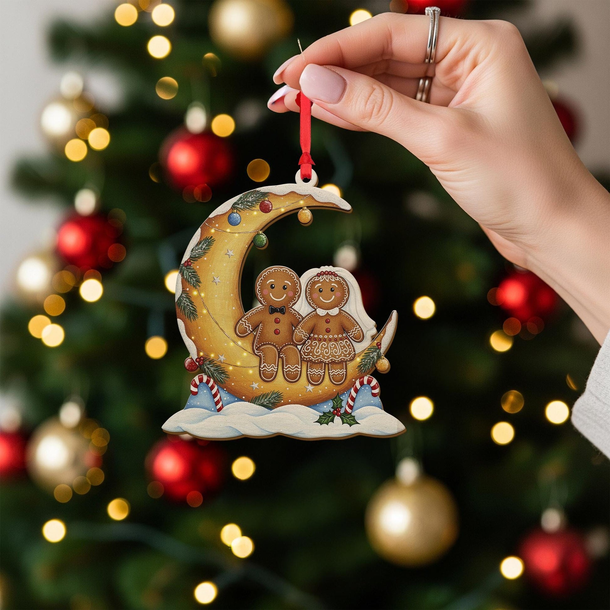 Wood Gingerbread Ornament – Moon Design Hanging with Holiday Details