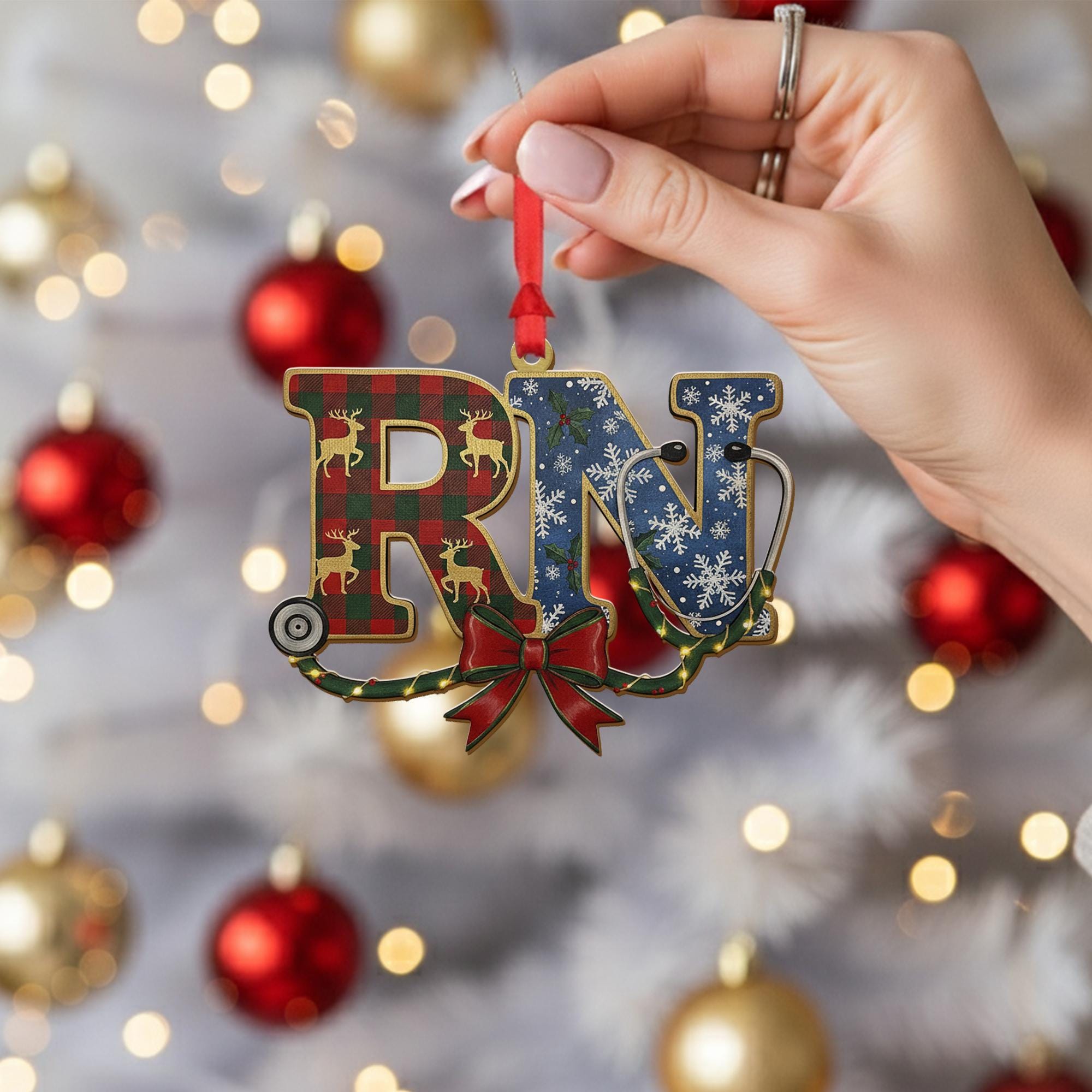 Wood RN Ornament – Nurse Stethoscope Design with Holiday Pattern