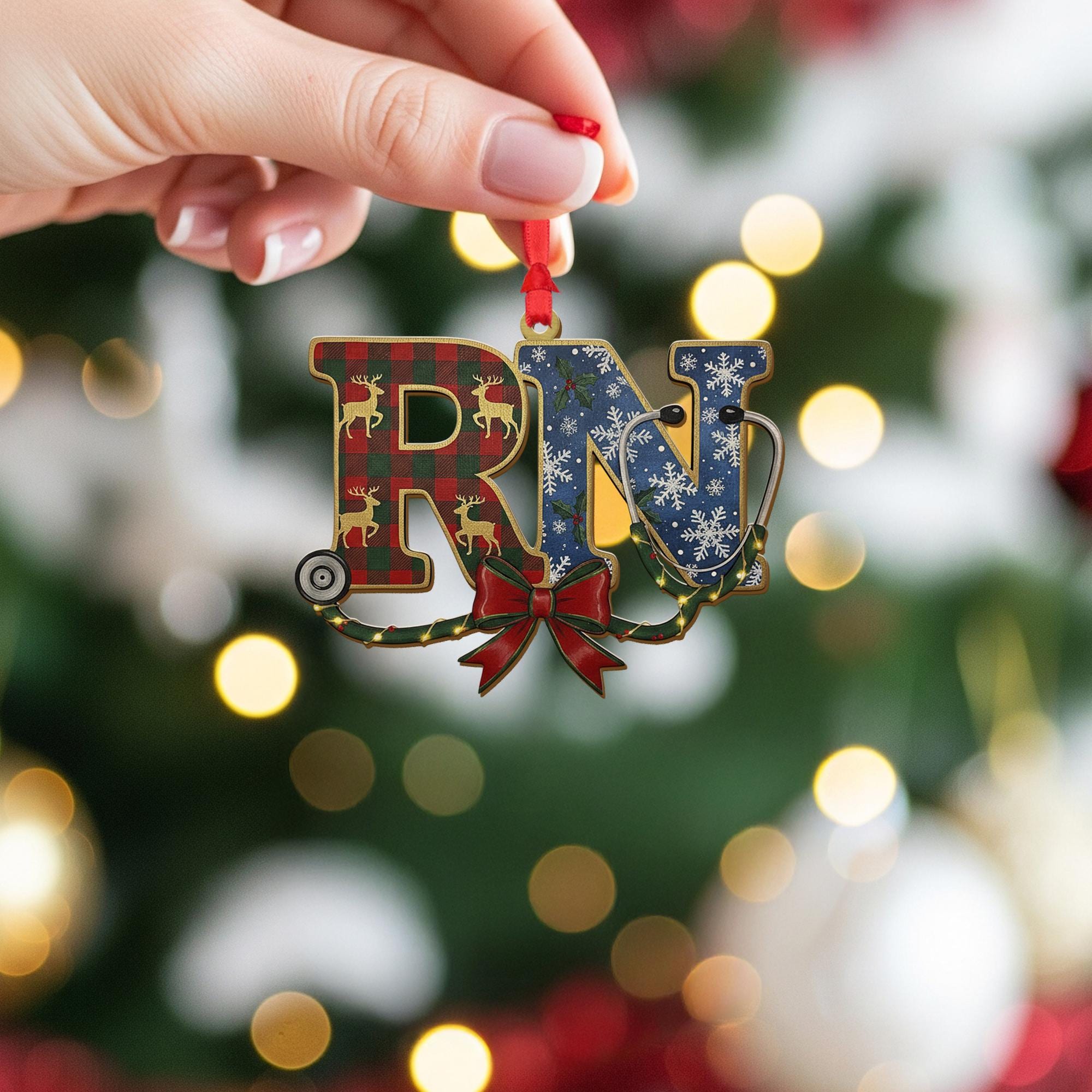 Wood RN Ornament – Nurse Stethoscope Design with Holiday Pattern