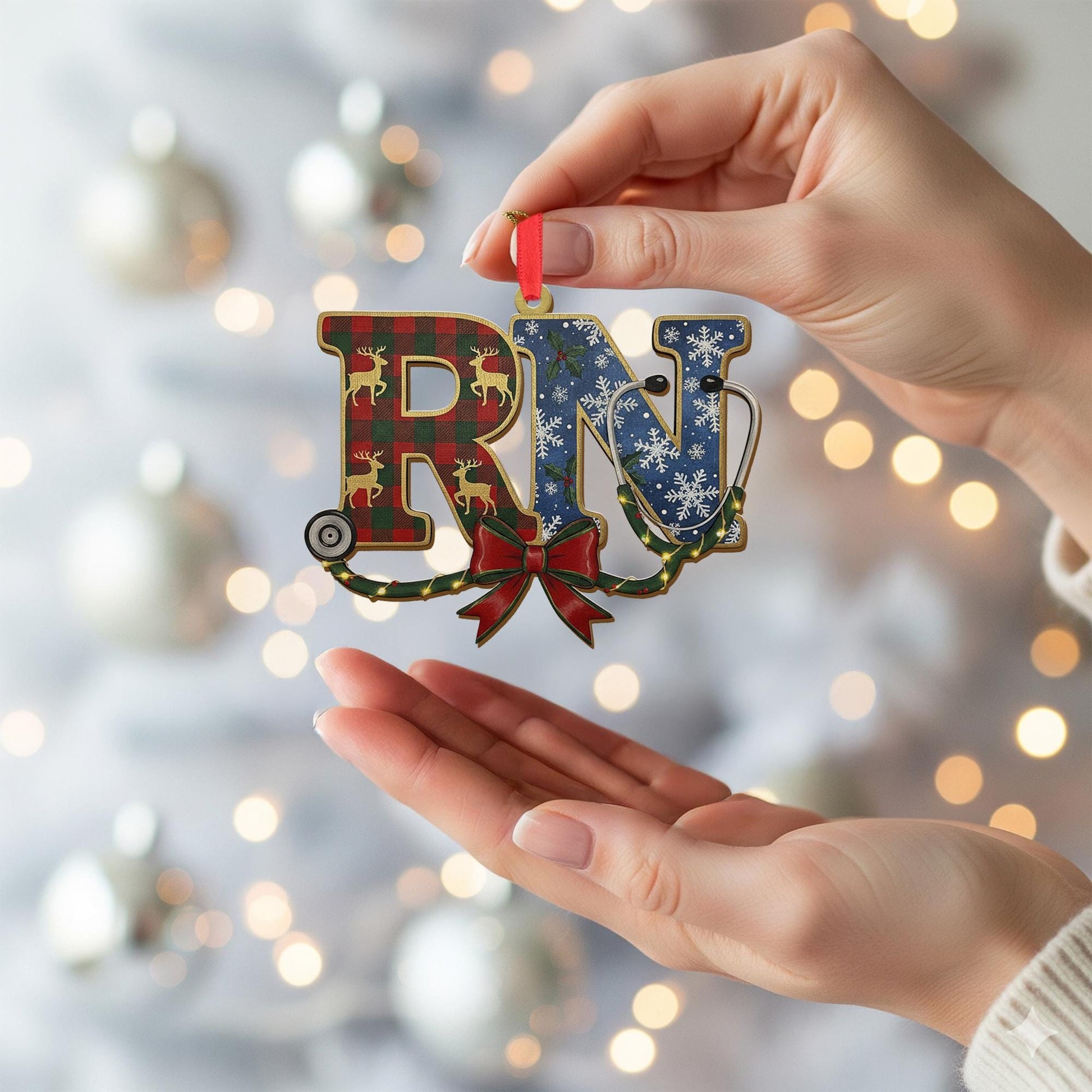 Wood RN Ornament – Nurse Stethoscope Design with Holiday Pattern