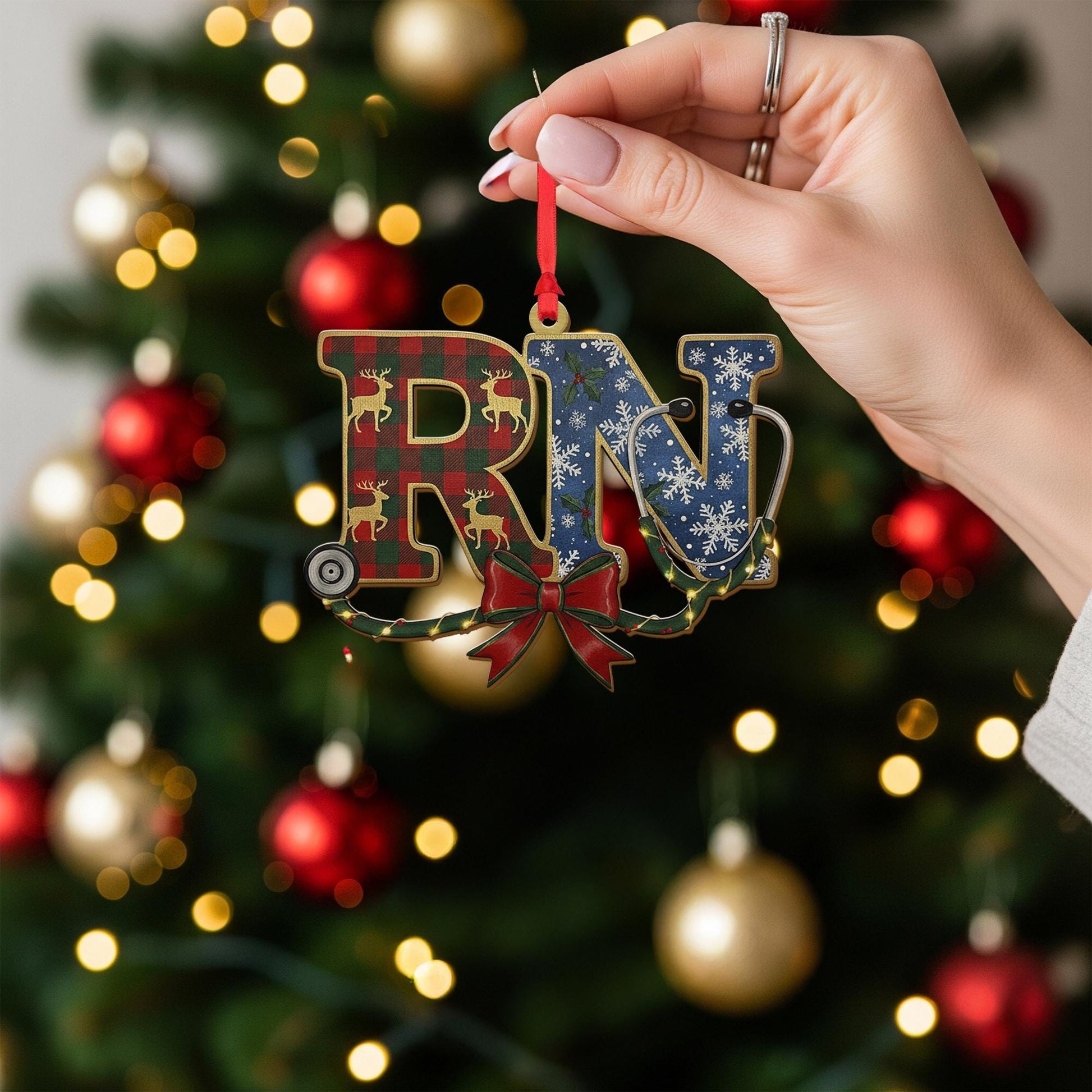 Wood RN Ornament – Nurse Stethoscope Design with Holiday Pattern