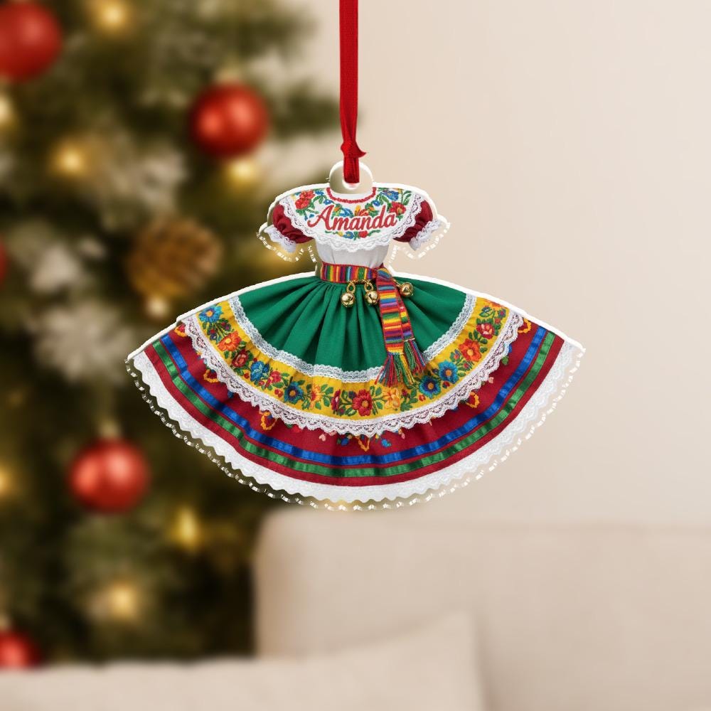 Personalized Mexican Dress Ornament, Acrylic Hanging Decoration with Embroidered Floral Design