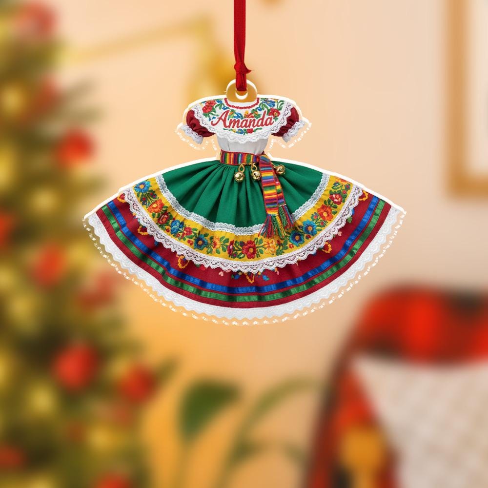 Personalized Mexican Dress Ornament, Acrylic Hanging Decoration with Embroidered Floral Design