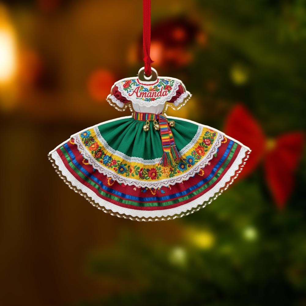 Personalized Mexican Dress Ornament, Acrylic Hanging Decoration with Embroidered Floral Design