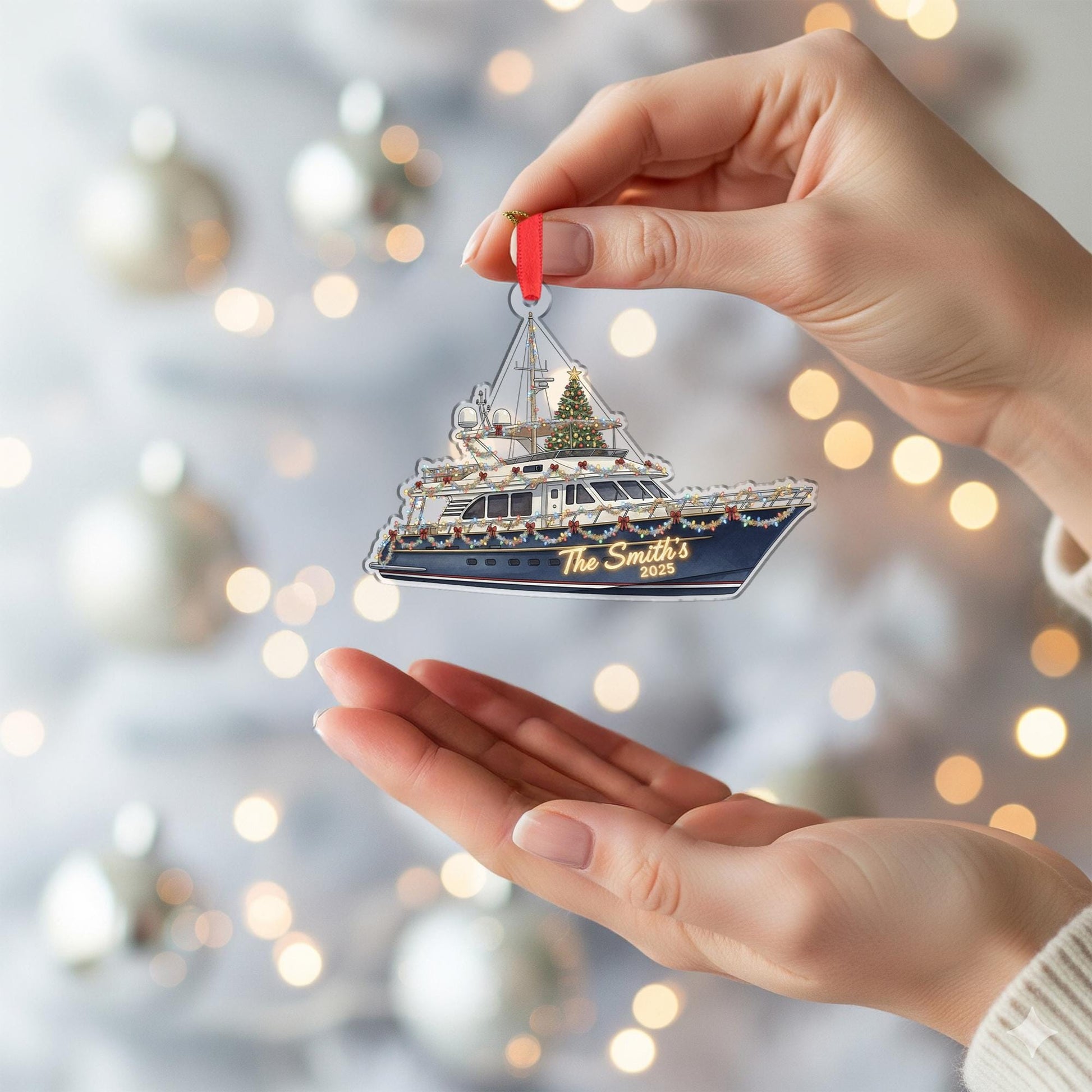 Personalized Boat Ornament – Yacht Design with Christmas Lights and Tree