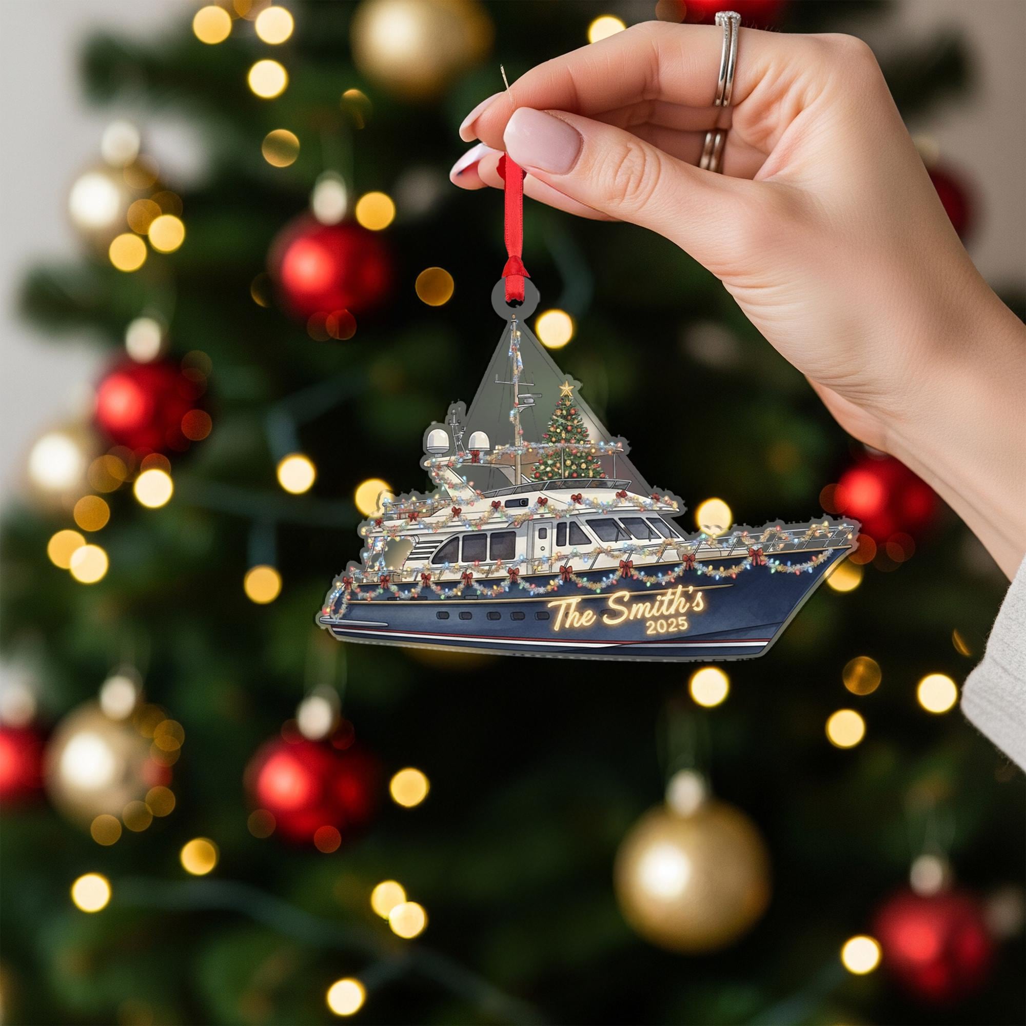 Personalized Boat Ornament – Yacht Design with Christmas Lights and Tree