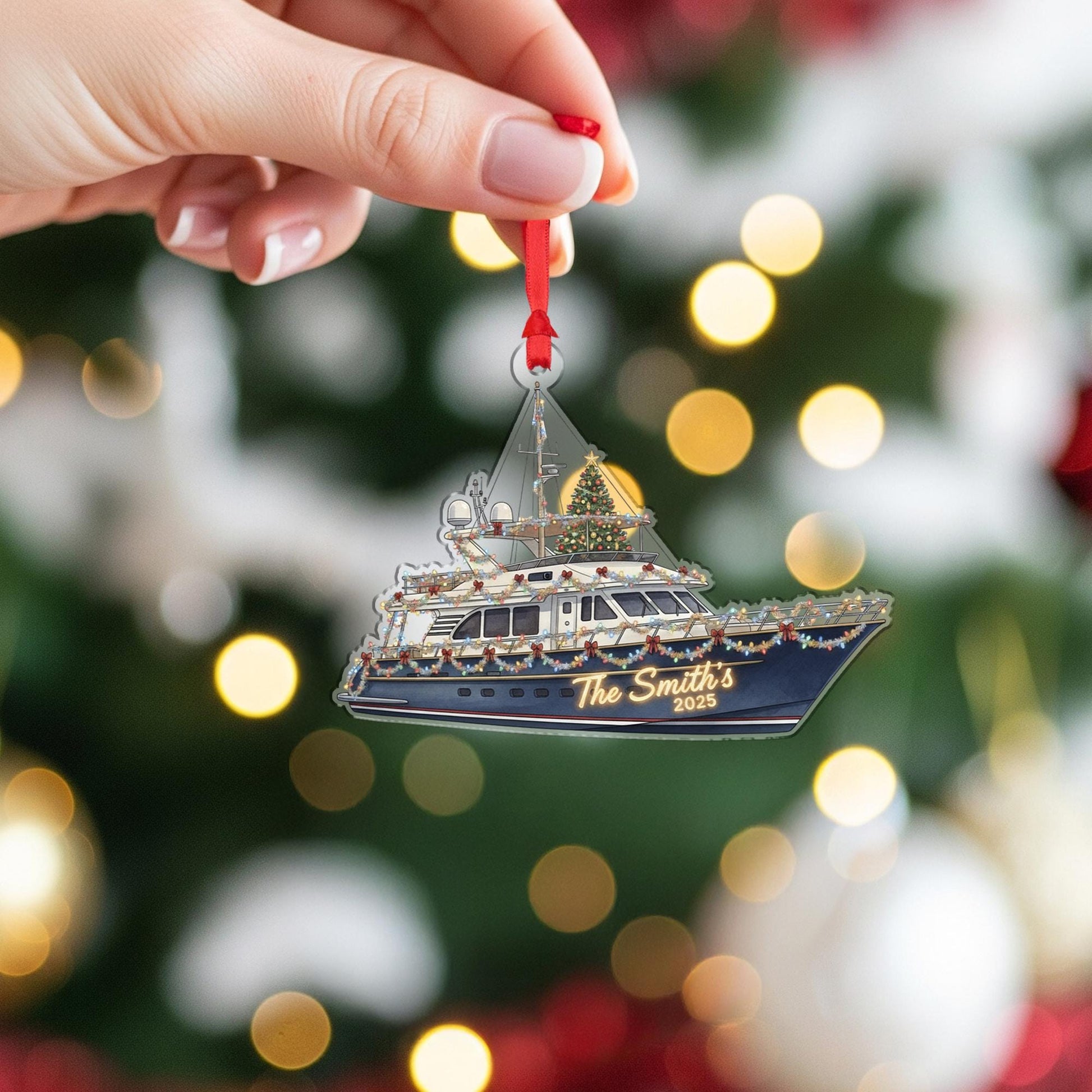 Personalized Boat Ornament – Yacht Design with Christmas Lights and Tree