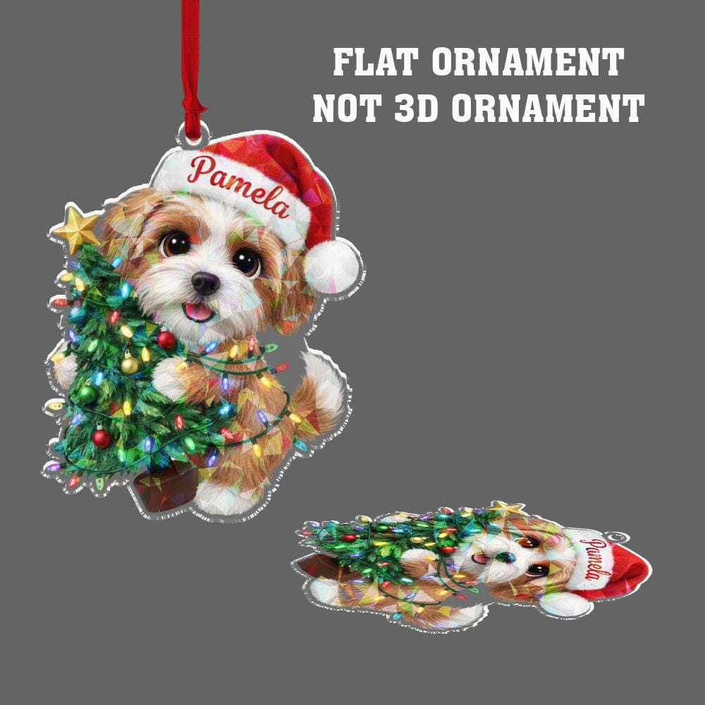 Personalized Dog Ornament, Acrylic Puppy with Christmas Tree and Santa Hat Decoration