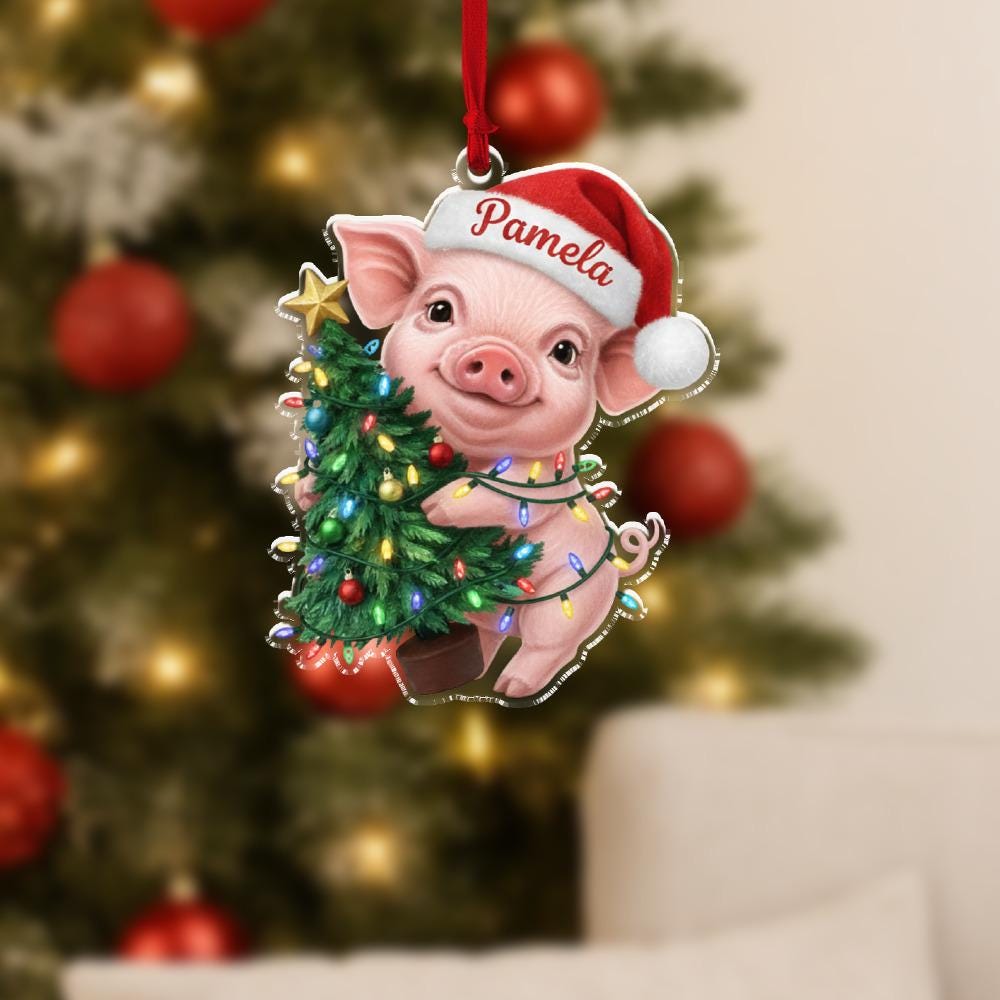 Personalized Pig Ornament, Acrylic Piglet with Christmas Tree and Santa Hat Decoration