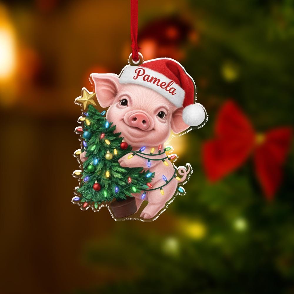 Personalized Pig Ornament, Acrylic Piglet with Christmas Tree and Santa Hat Decoration