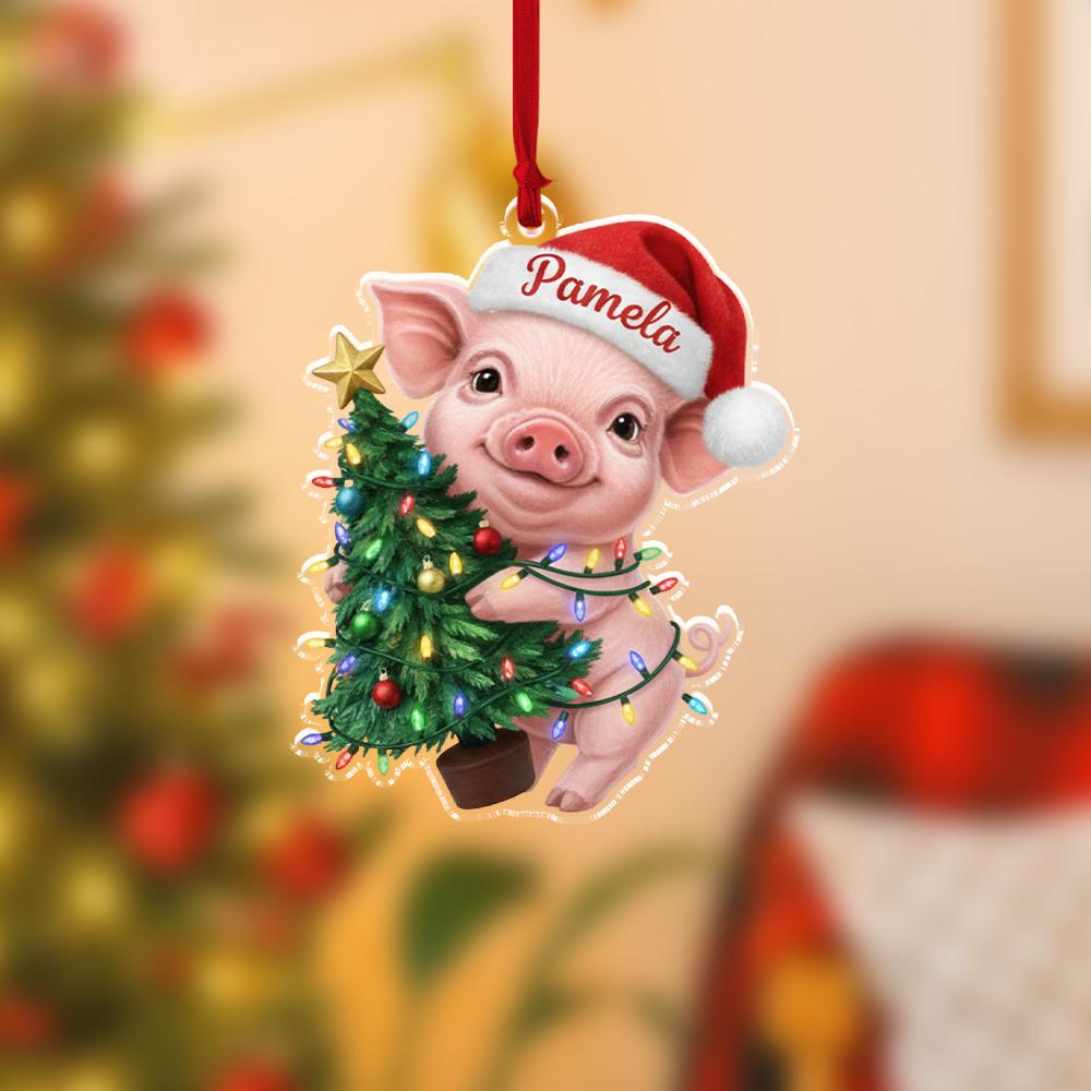 Personalized Pig Ornament, Acrylic Piglet with Christmas Tree and Santa Hat Decoration