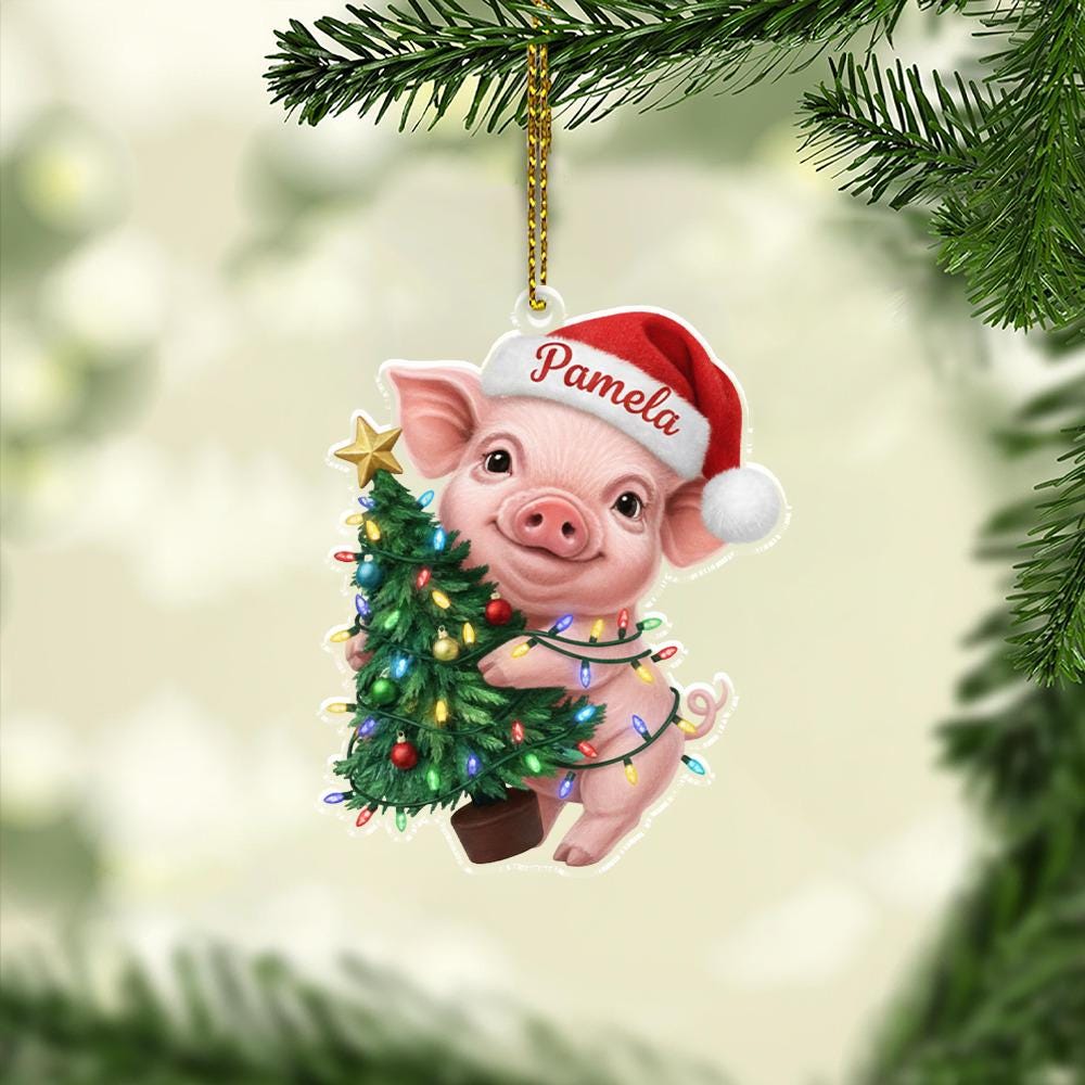 Personalized Pig Ornament, Acrylic Piglet with Christmas Tree and Santa Hat Decoration