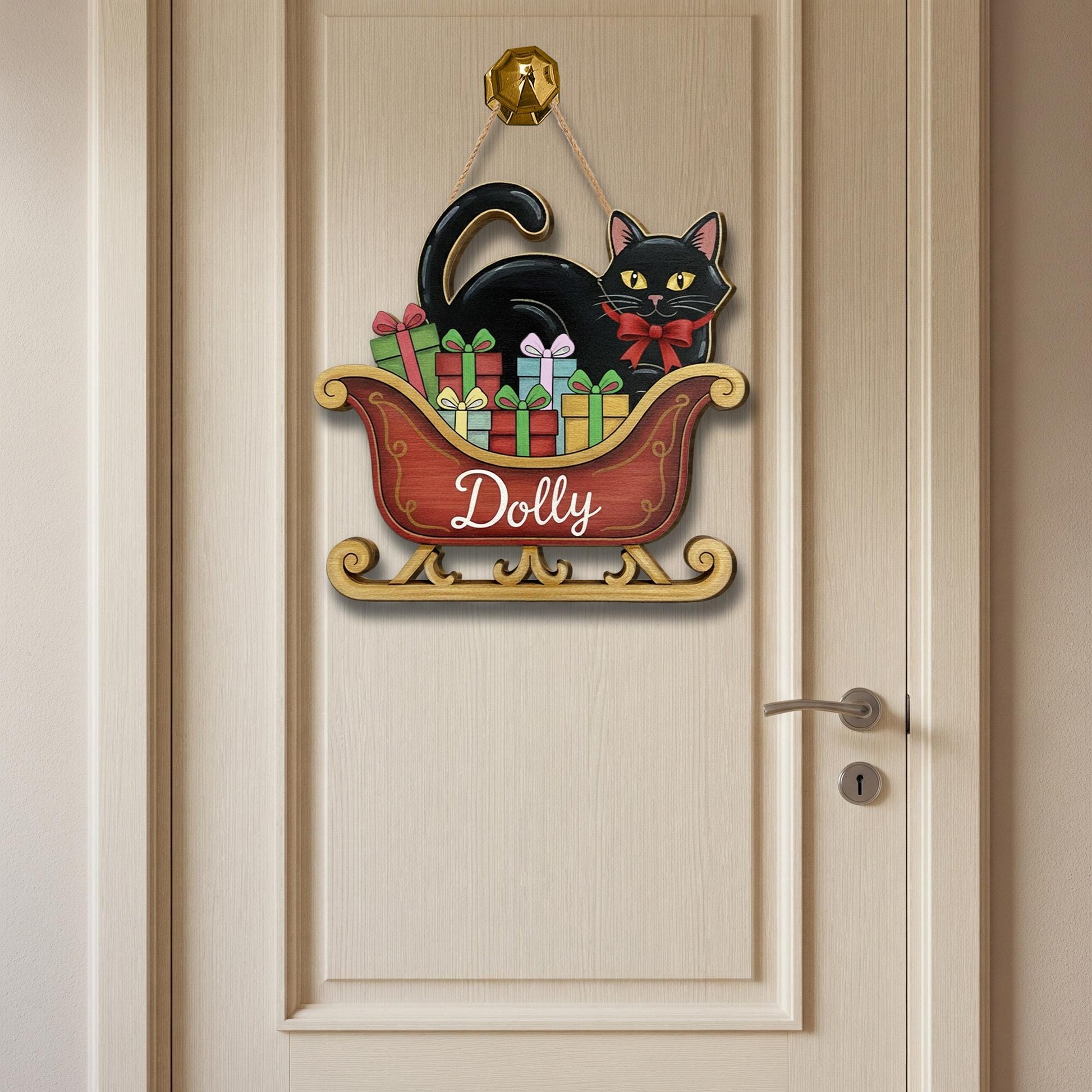 Personalized Black Cat Door Hanger – Wooden Sleigh Sign with Gifts and Bow