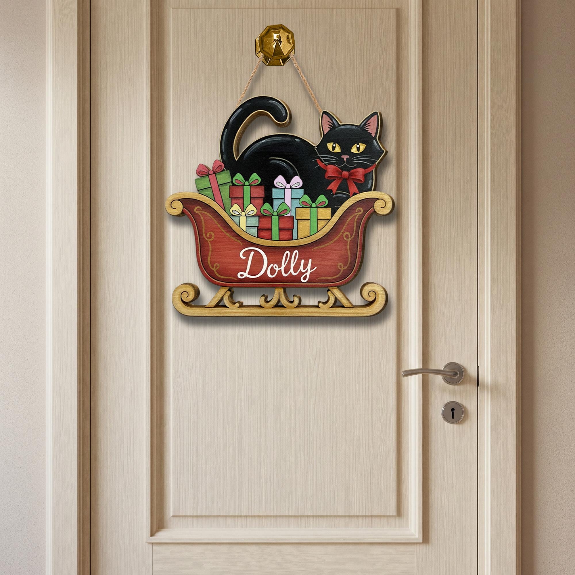 Personalized Black Cat Door Hanger – Wooden Sleigh Sign with Gifts and Bow