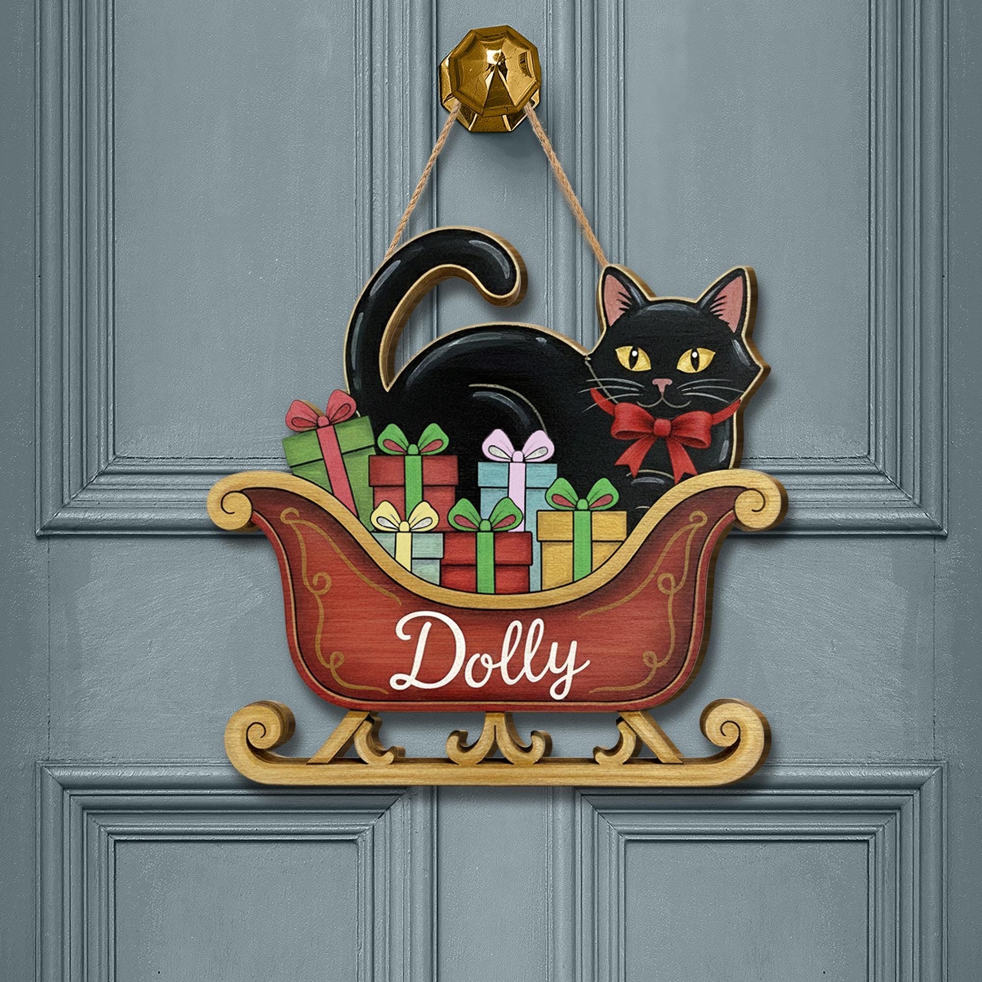 Personalized Black Cat Door Hanger – Wooden Sleigh Sign with Gifts and Bow