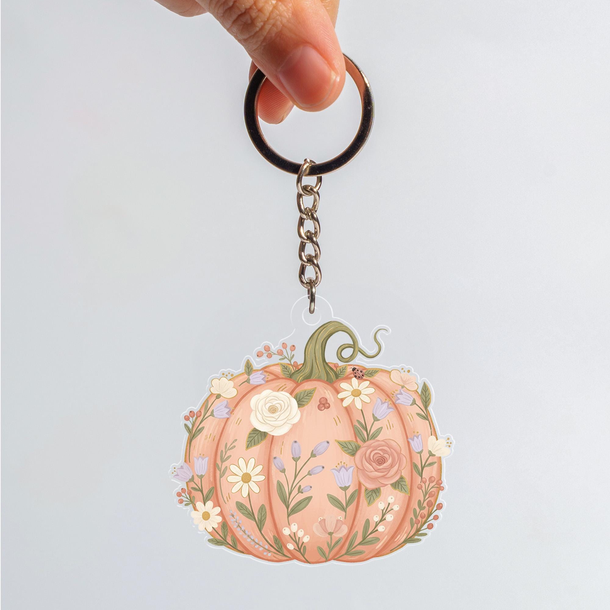 Acrylic Pumpkin Keychain – Floral Design with Botanical Details