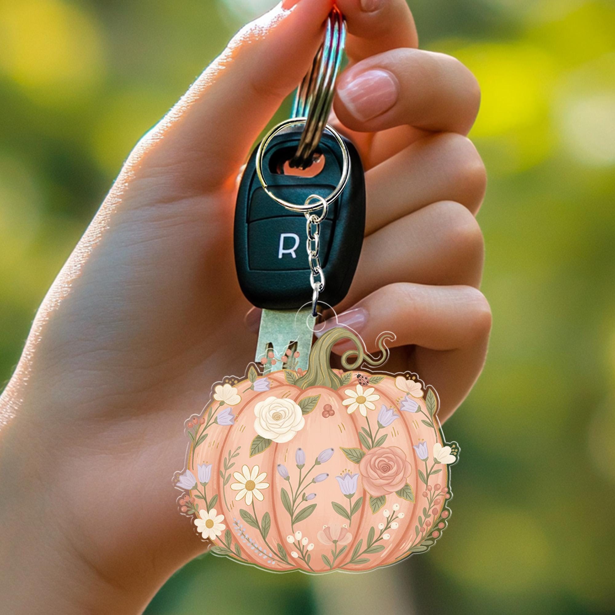Acrylic Pumpkin Keychain – Floral Design with Botanical Details