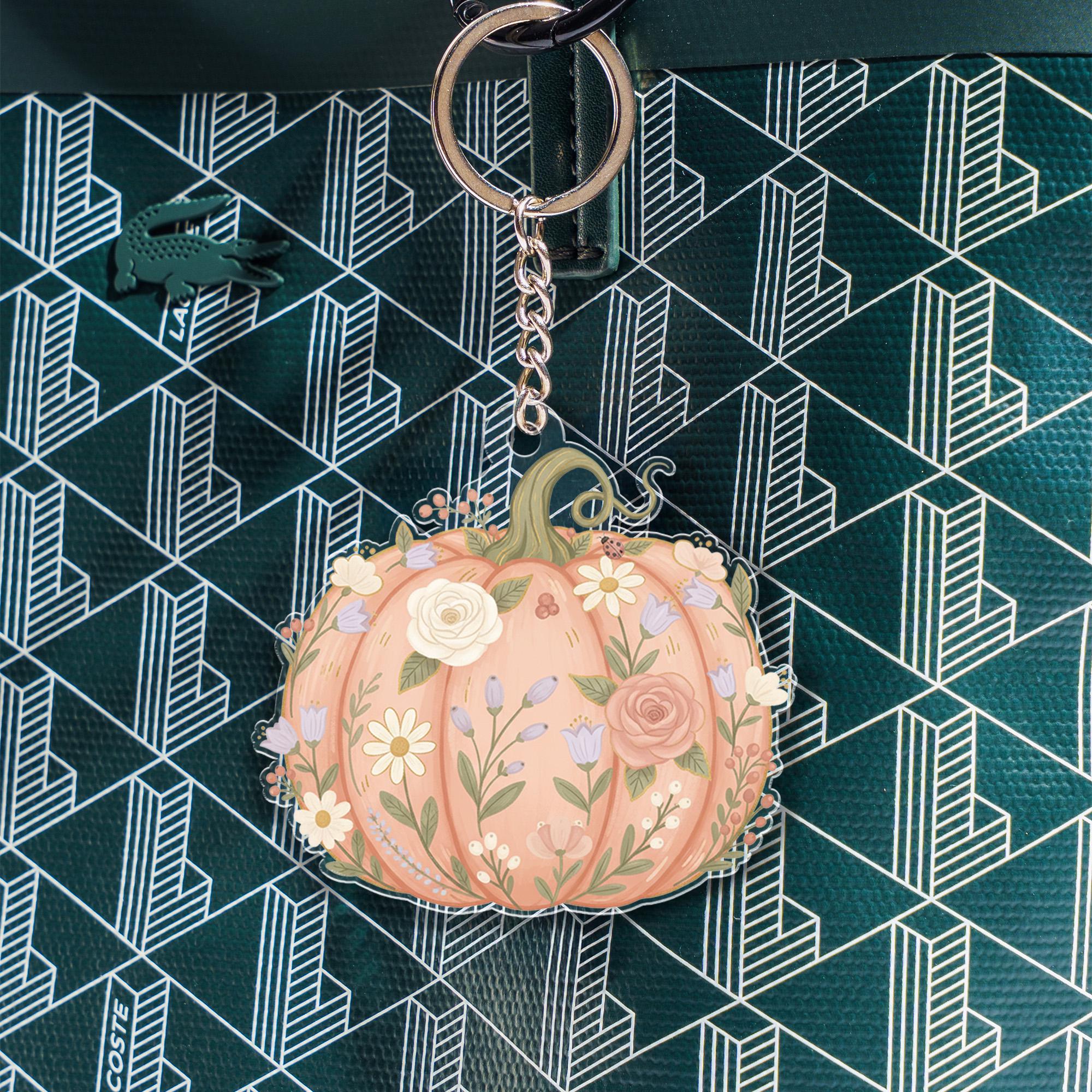 Acrylic Pumpkin Keychain – Floral Design with Botanical Details