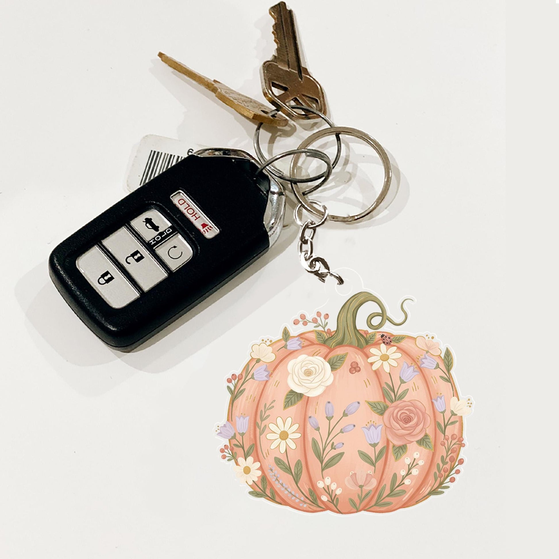 Acrylic Pumpkin Keychain – Floral Design with Botanical Details