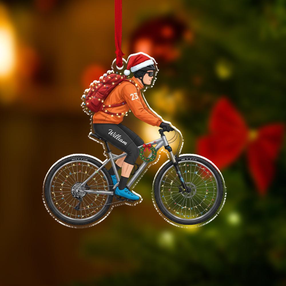 Personalized Cyclist Ornament, Acrylic Biker Christmas Decoration with Santa Hat and Bicycle Design