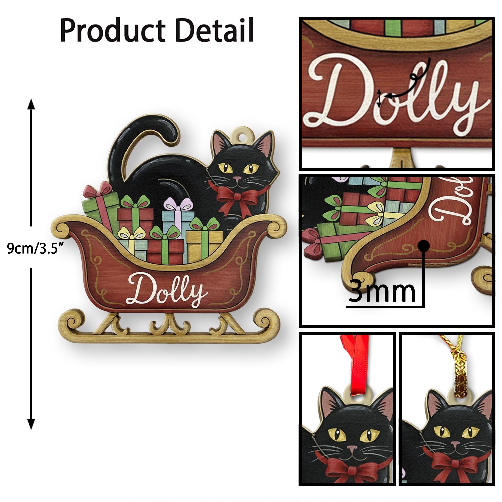Personalized Black Cat Ornament – Wood Sleigh Design with Gifts and Bow