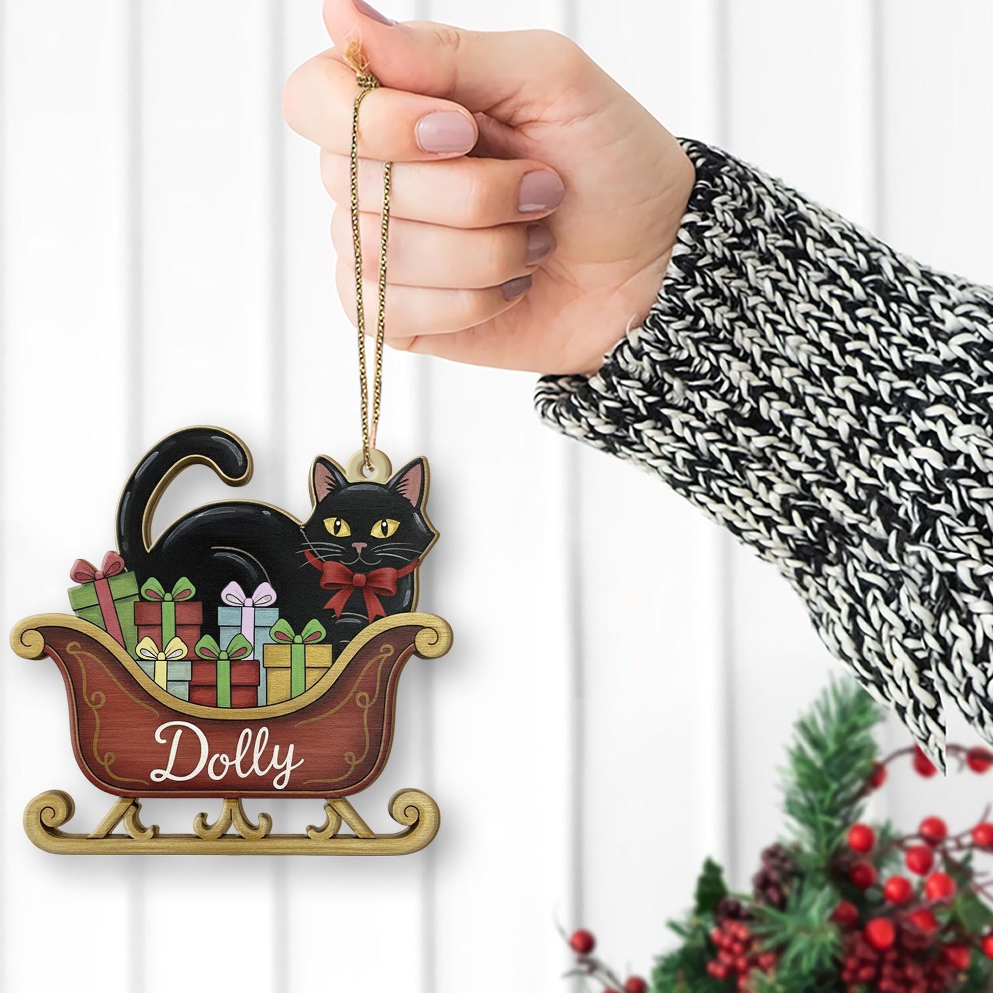 Personalized Black Cat Ornament – Wood Sleigh Design with Gifts and Bow