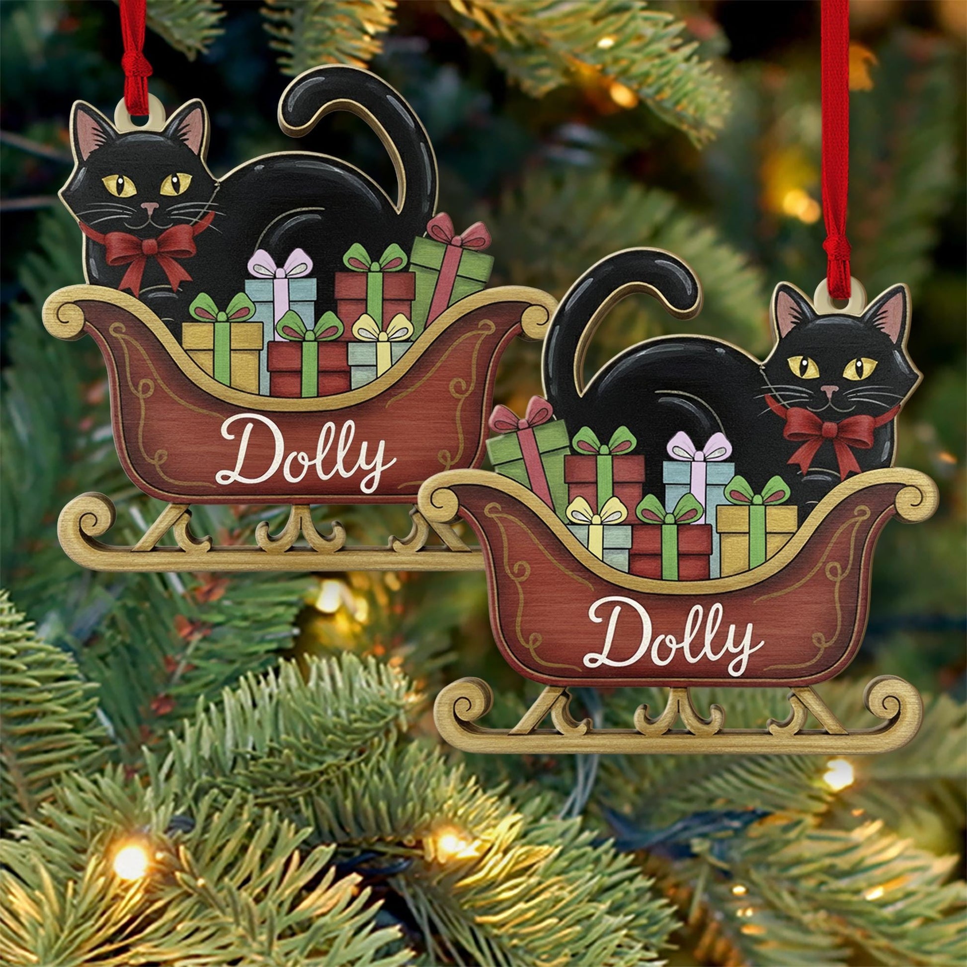 Personalized Black Cat Ornament – Wood Sleigh Design with Gifts and Bow