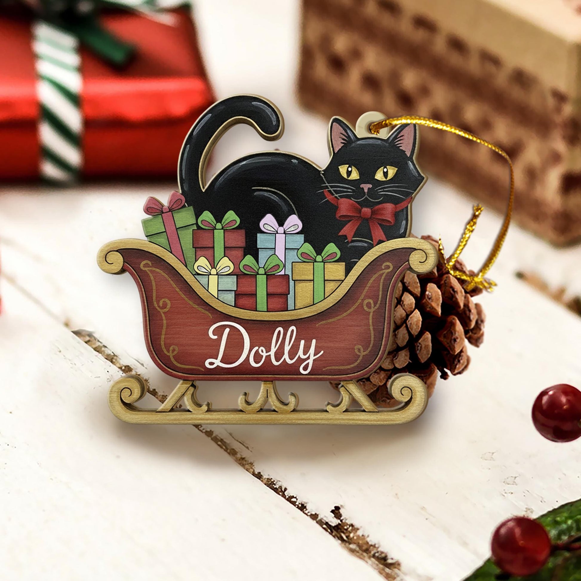 Personalized Black Cat Ornament – Wood Sleigh Design with Gifts and Bow
