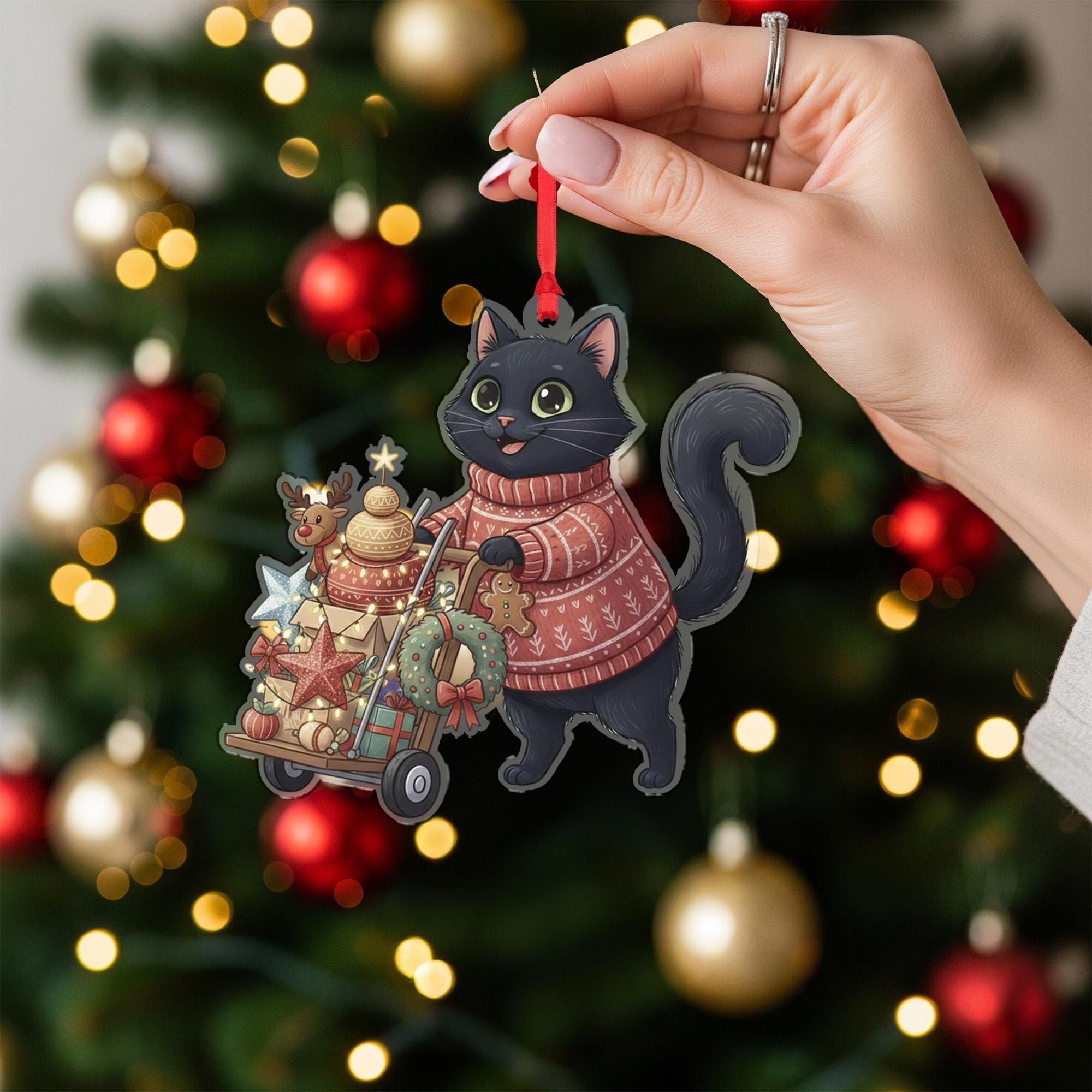 Black Cat Christmas Ornament – Holiday Sweater Design with Gifts and Wreath