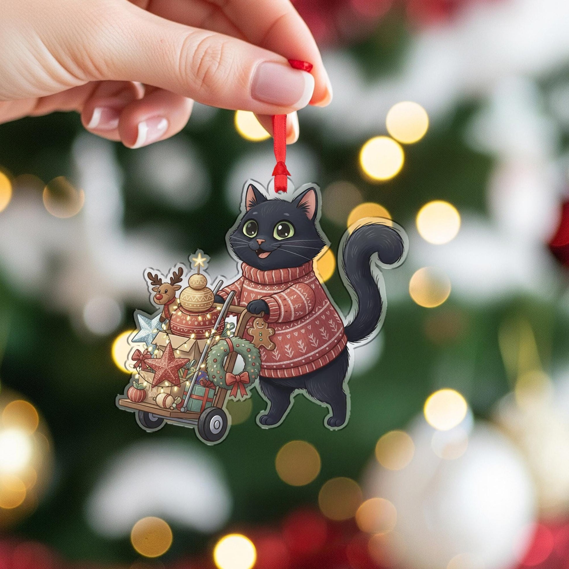 Black Cat Christmas Ornament – Holiday Sweater Design with Gifts and Wreath