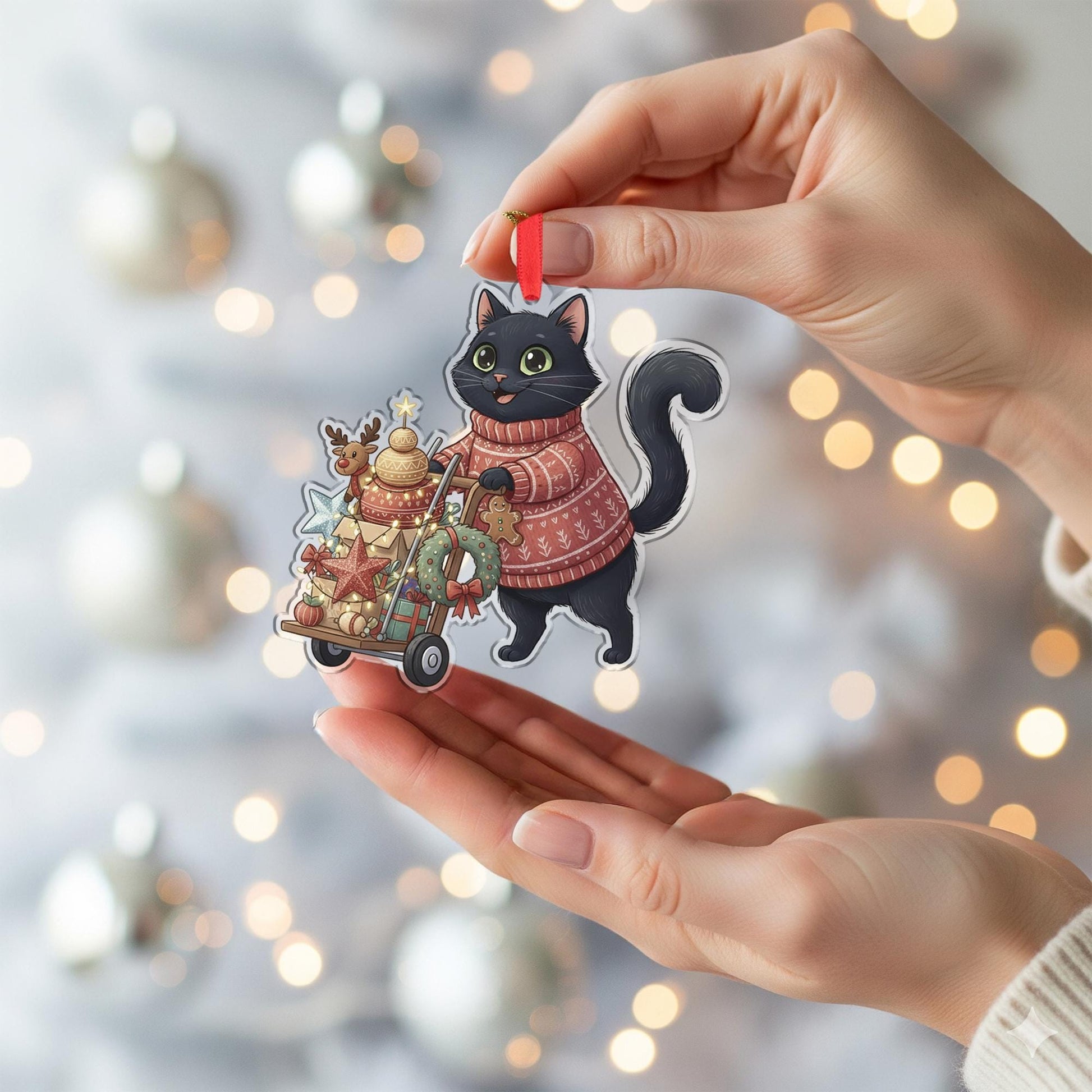 Black Cat Christmas Ornament – Holiday Sweater Design with Gifts and Wreath