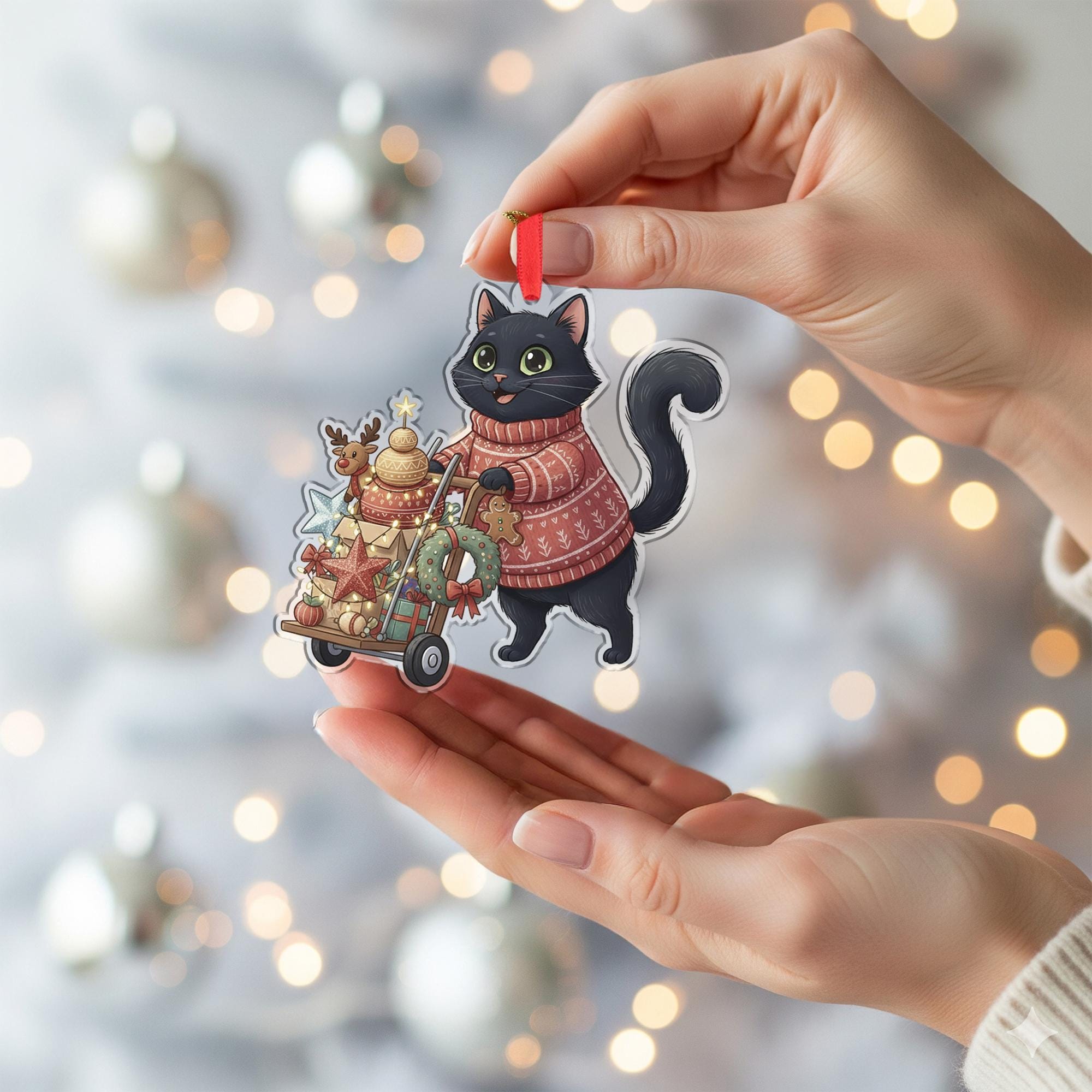 Black Cat Christmas Ornament – Holiday Sweater Design with Gifts and Wreath