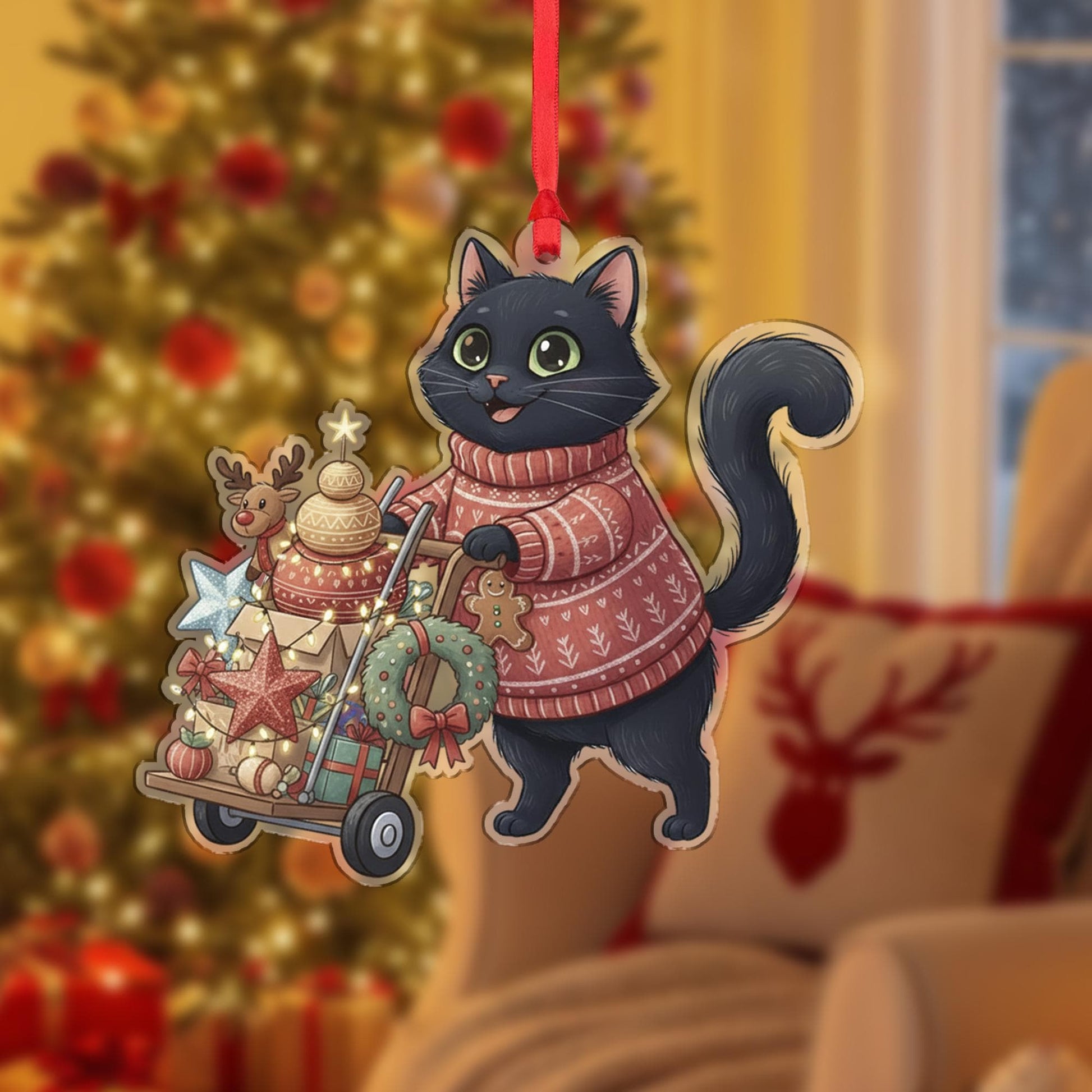 Black Cat Christmas Ornament – Holiday Sweater Design with Gifts and Wreath