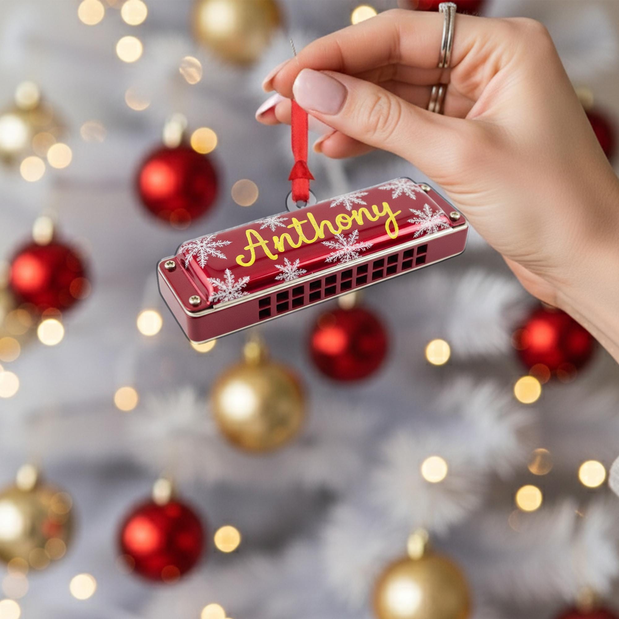Personalized Harmonica Ornament – Musical Instrument Design with Snowflakes