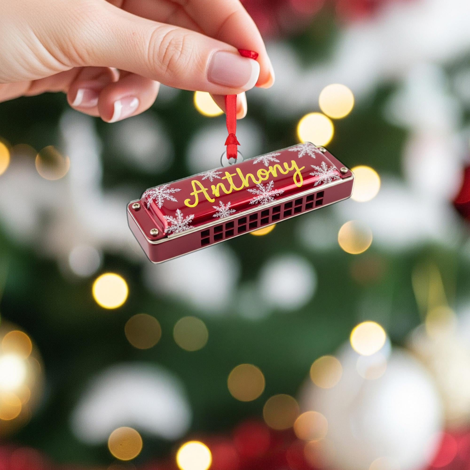 Personalized Harmonica Ornament – Musical Instrument Design with Snowflakes