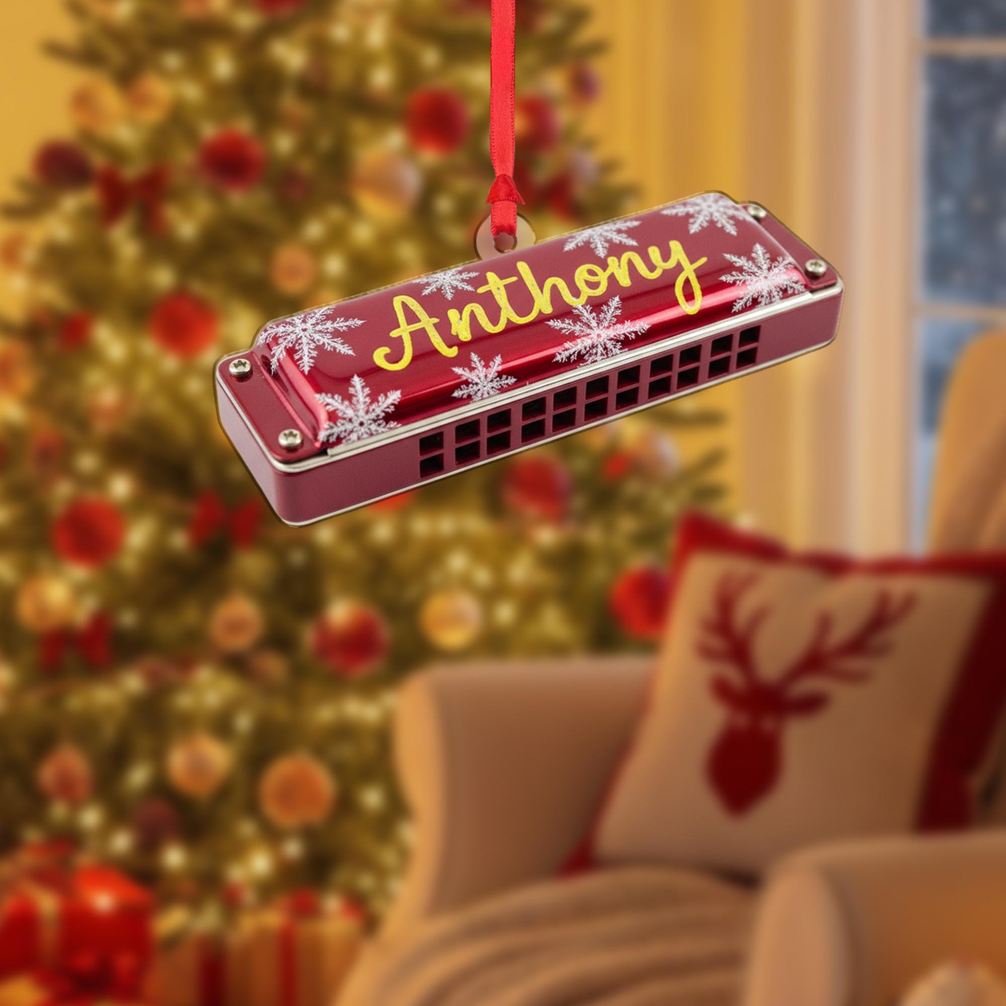 Personalized Harmonica Ornament – Musical Instrument Design with Snowflakes