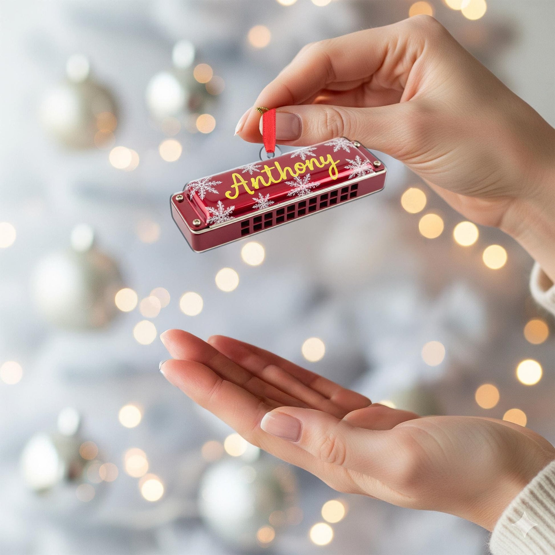 Personalized Harmonica Ornament – Musical Instrument Design with Snowflakes