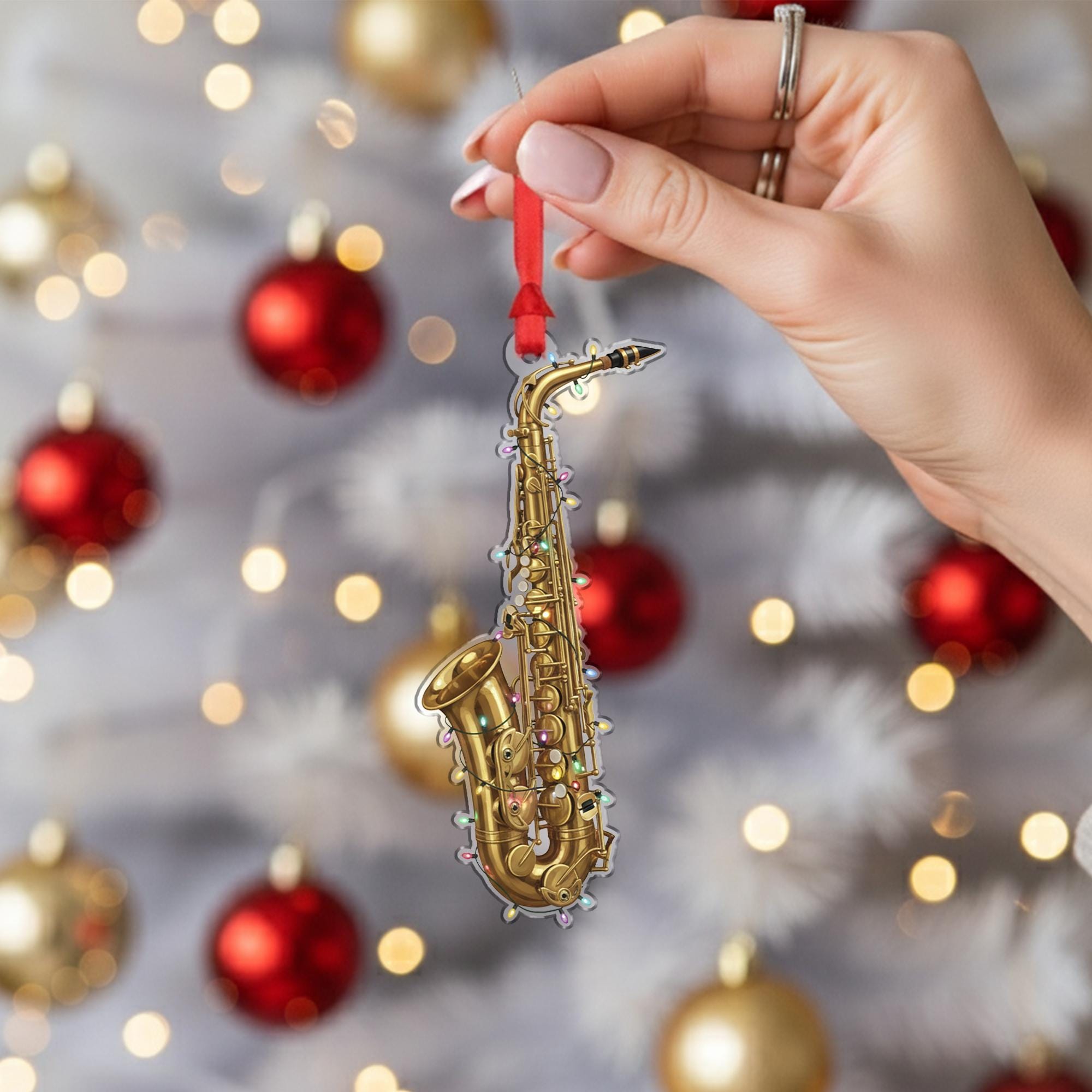 Saxophone Christmas Ornament – Musical Instrument Design with Holiday Lights