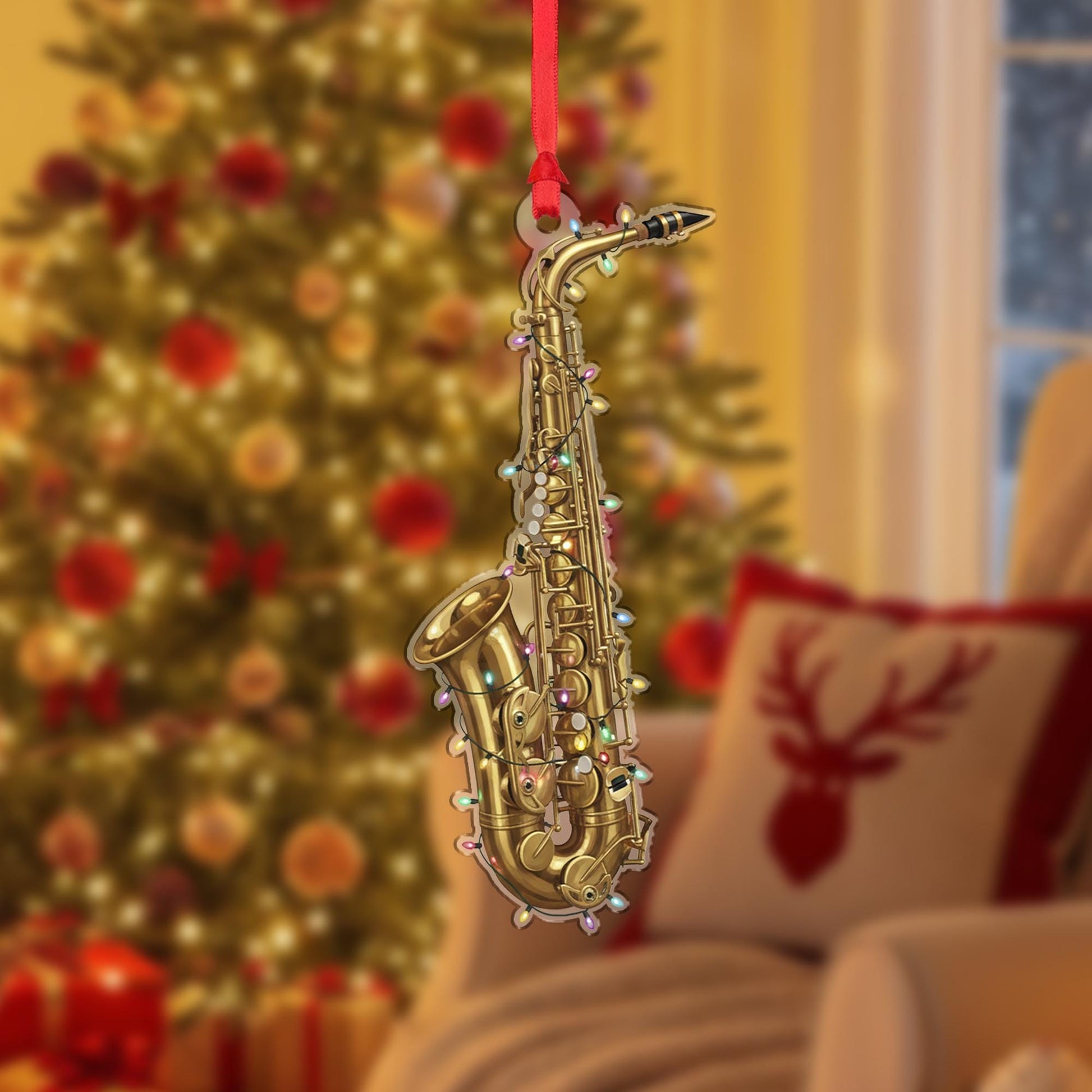 Saxophone Christmas Ornament – Musical Instrument Design with Holiday Lights