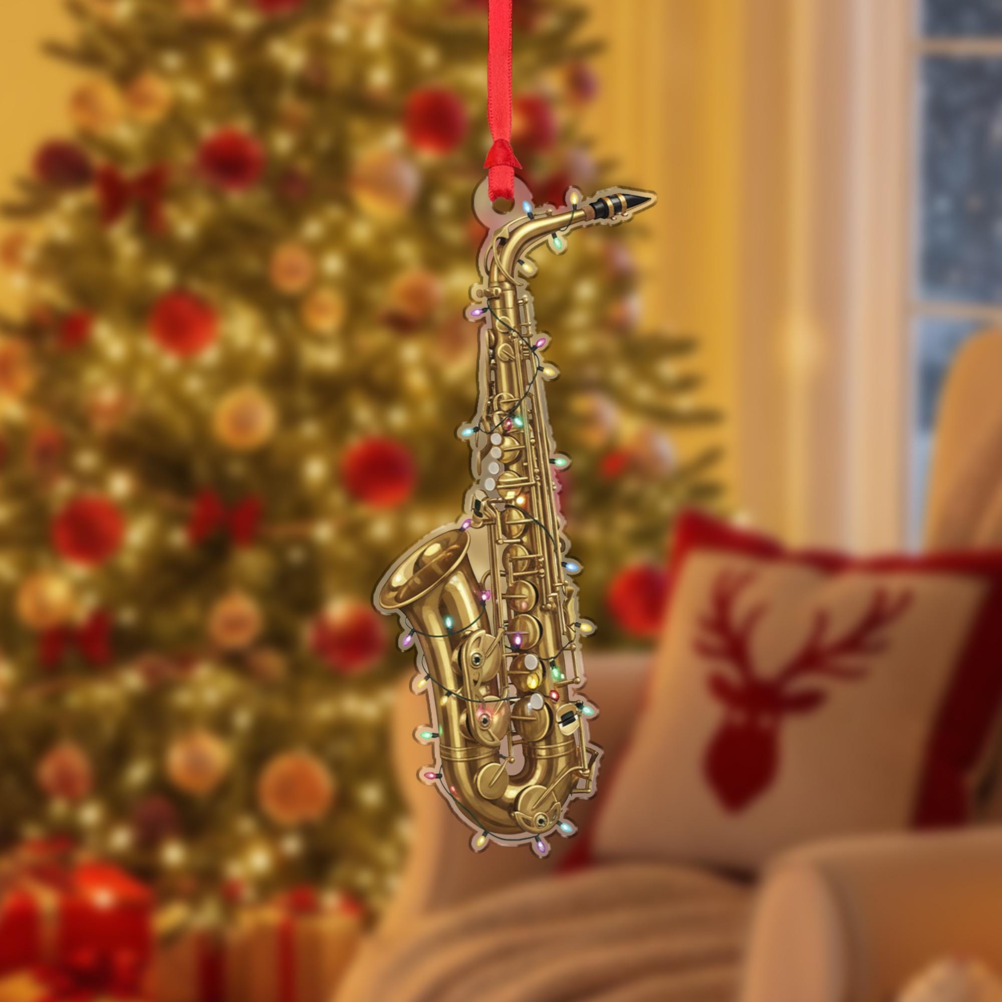 Saxophone Christmas Ornament – Musical Instrument Design with Holiday Lights