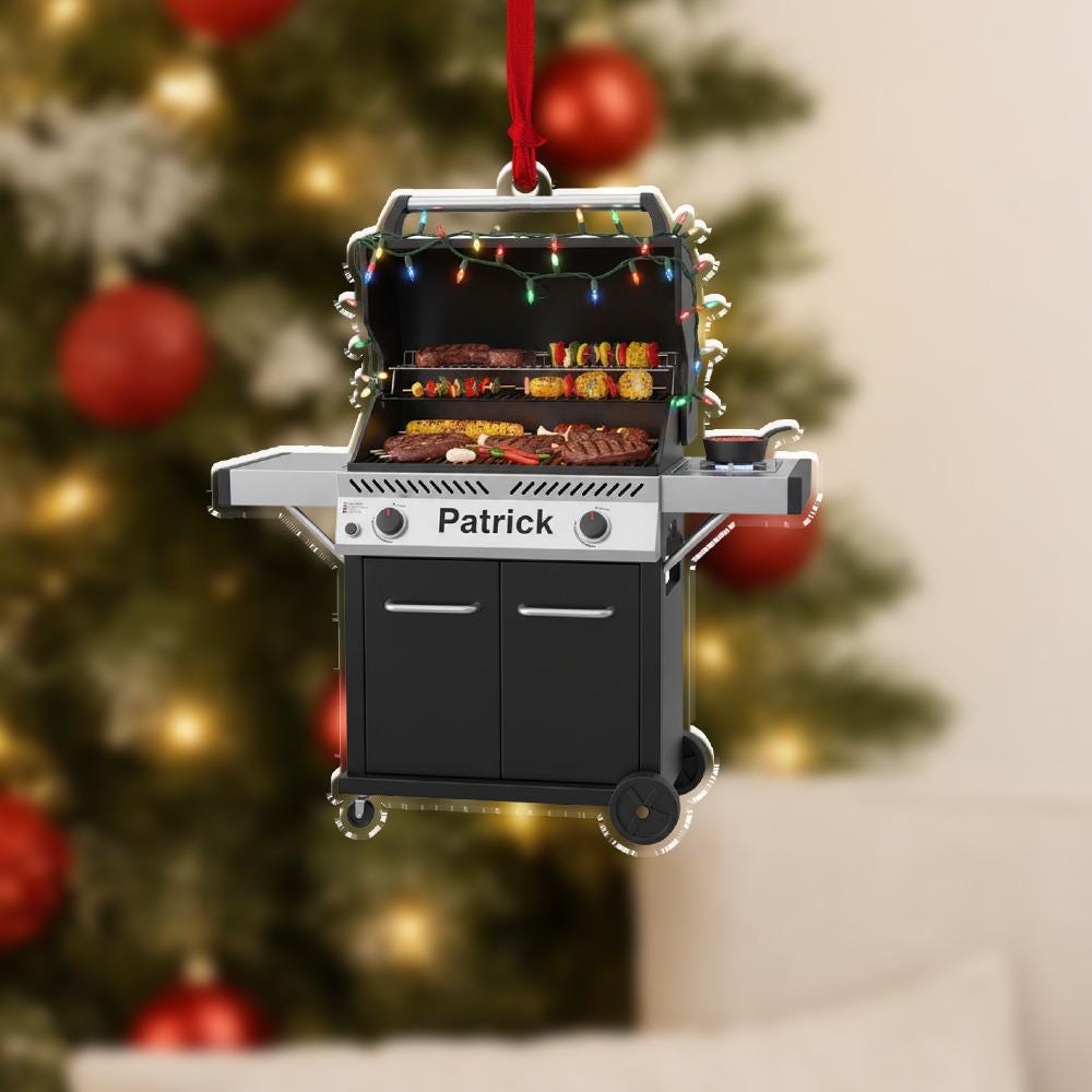 Personalized BBQ Grill Ornament, Acrylic Barbecue Decoration with Christmas Lights and Custom Name