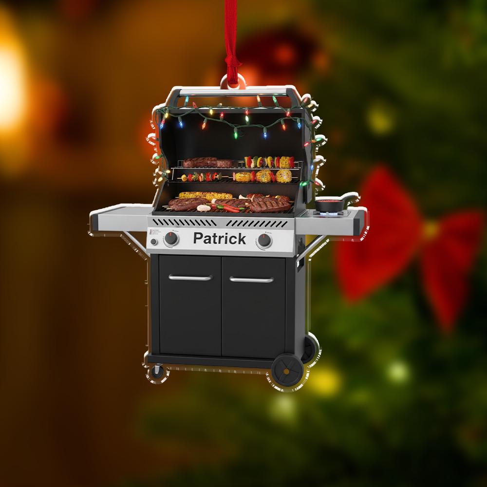 Personalized BBQ Grill Ornament, Acrylic Barbecue Decoration with Christmas Lights and Custom Name
