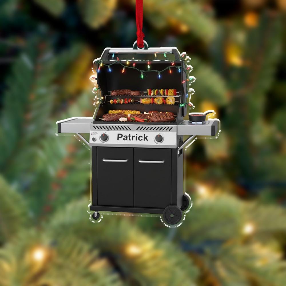 Personalized BBQ Grill Ornament, Acrylic Barbecue Decoration with Christmas Lights and Custom Name