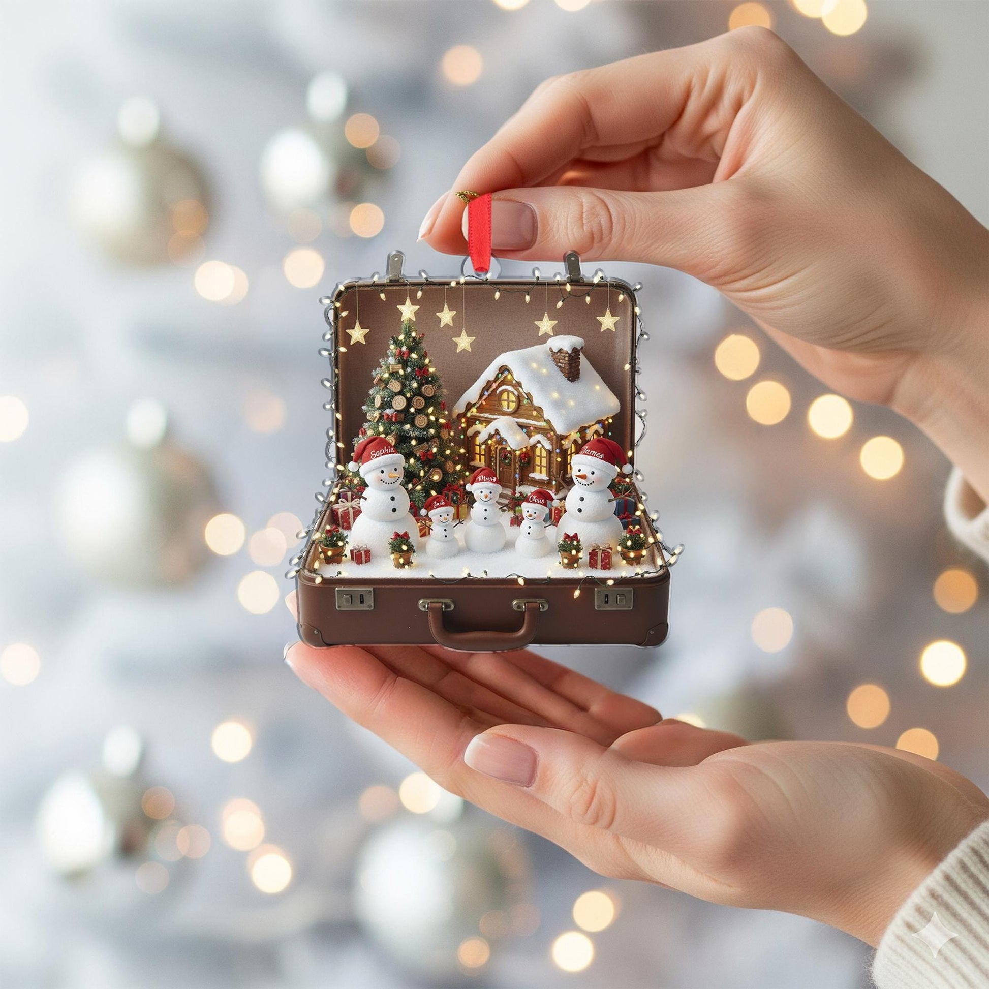 Personalized Snowman Ornament – Suitcase Design with Christmas Tree and House