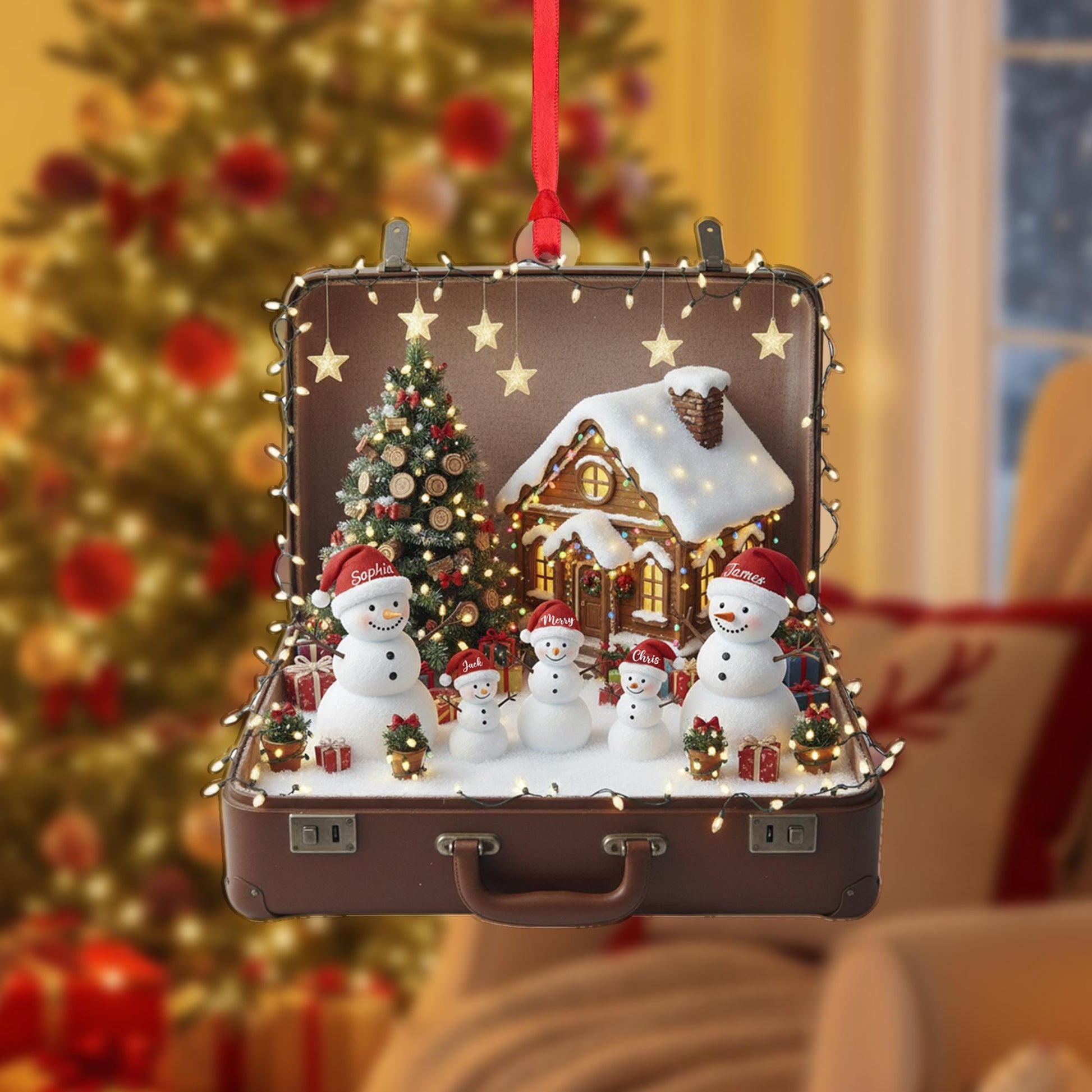Personalized Snowman Ornament – Suitcase Design with Christmas Tree and House
