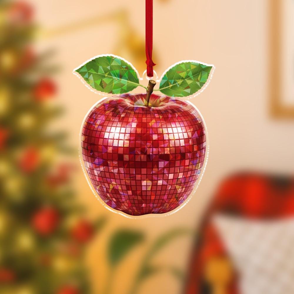Acrylic Apple Ornament, Red Mosaic Apple Decoration with Leaf Detail