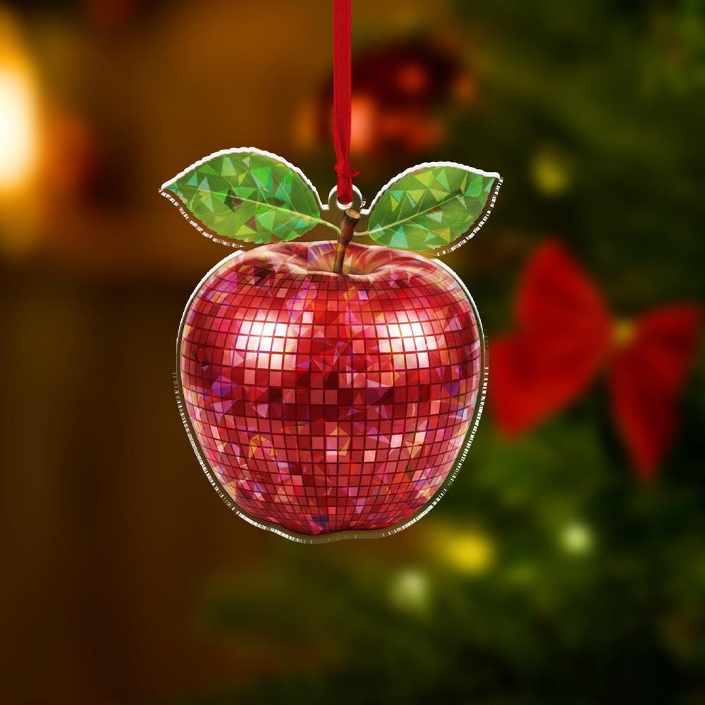 Acrylic Apple Ornament, Red Mosaic Apple Decoration with Leaf Detail