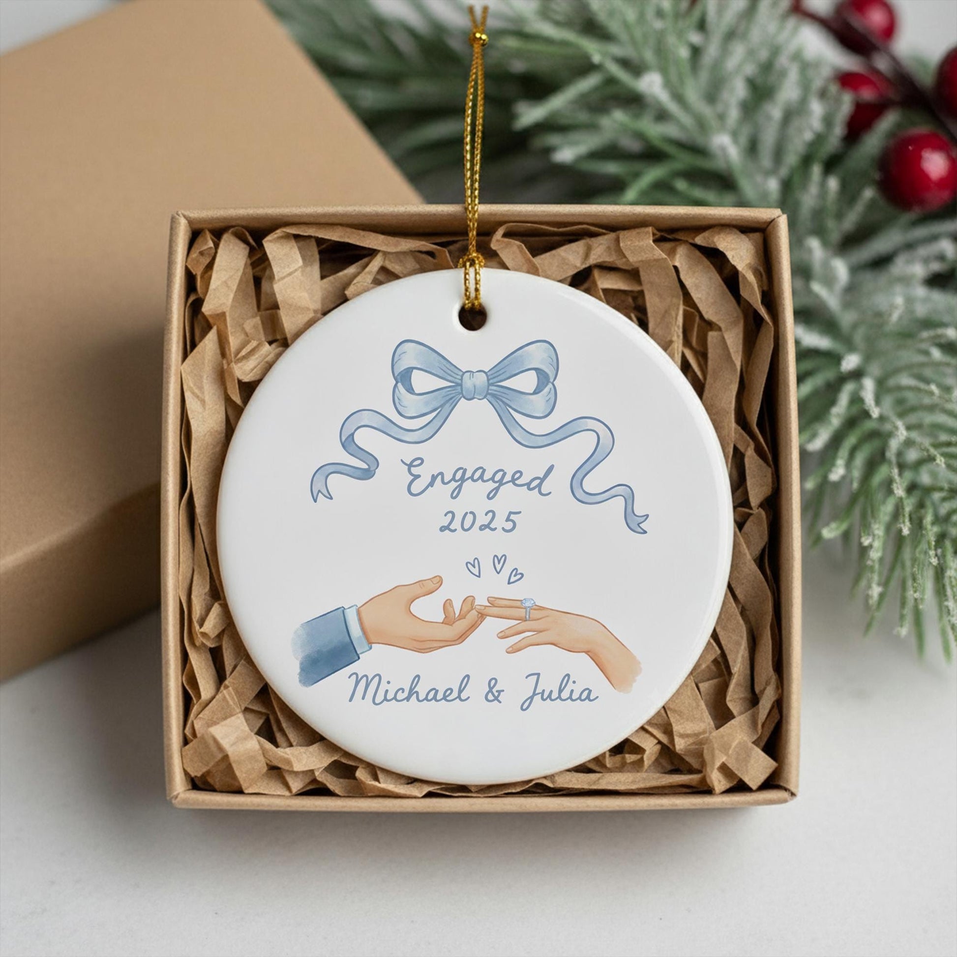 Personalized Ceramic Ornament – “Engaged 2025” Hand-Painted Design with Names