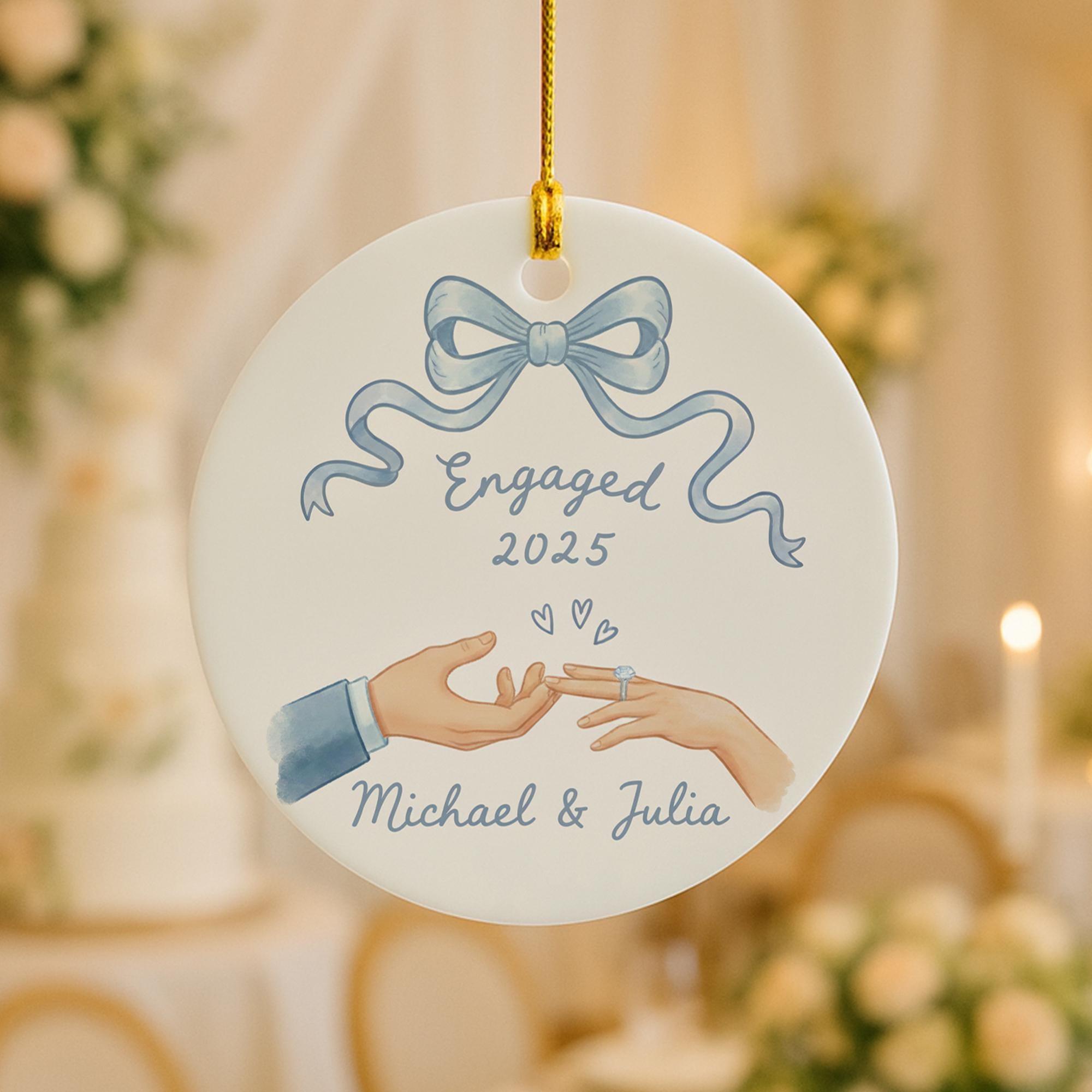 Personalized Ceramic Ornament – “Engaged 2025” Hand-Painted Design with Names