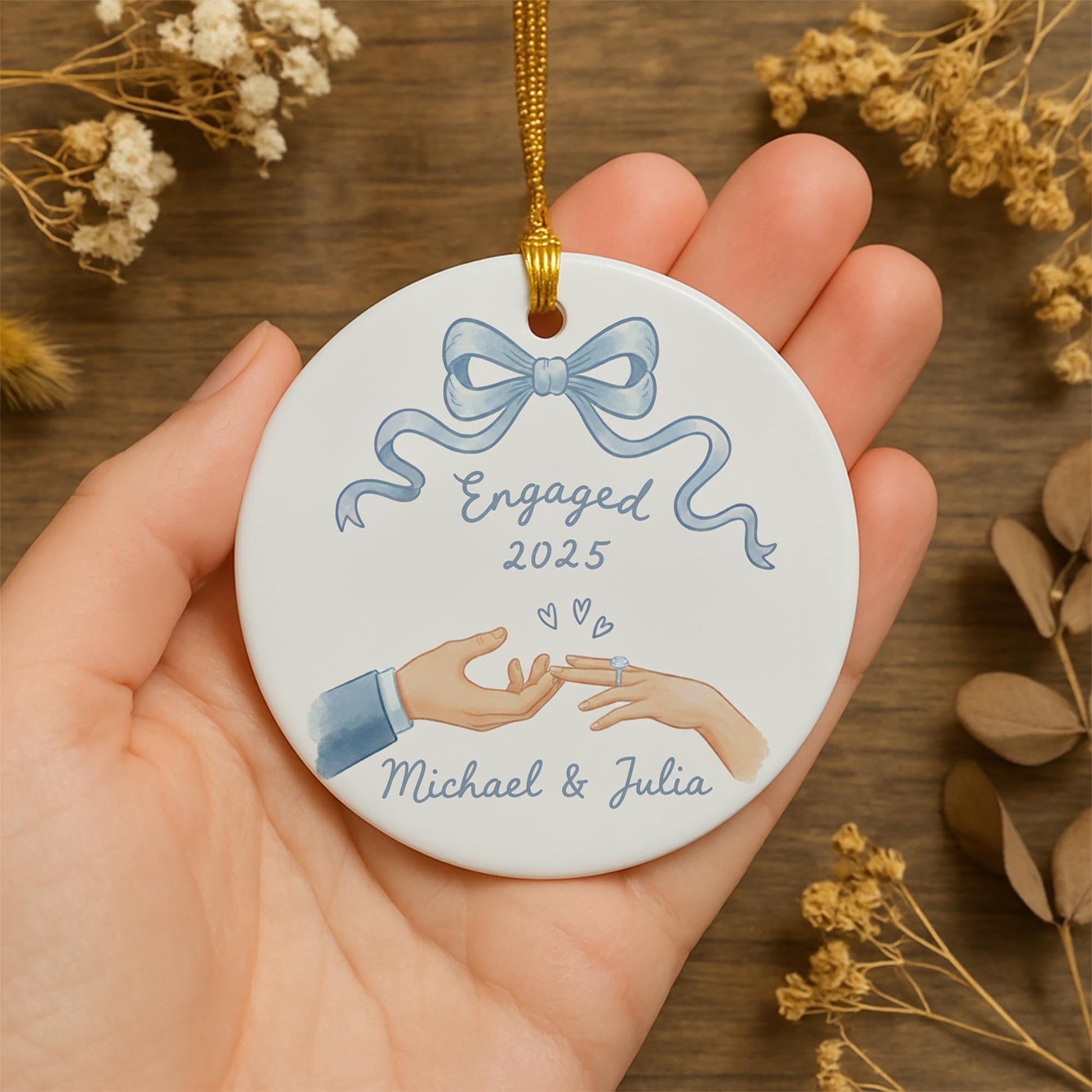 Personalized Ceramic Ornament – “Engaged 2025” Hand-Painted Design with Names